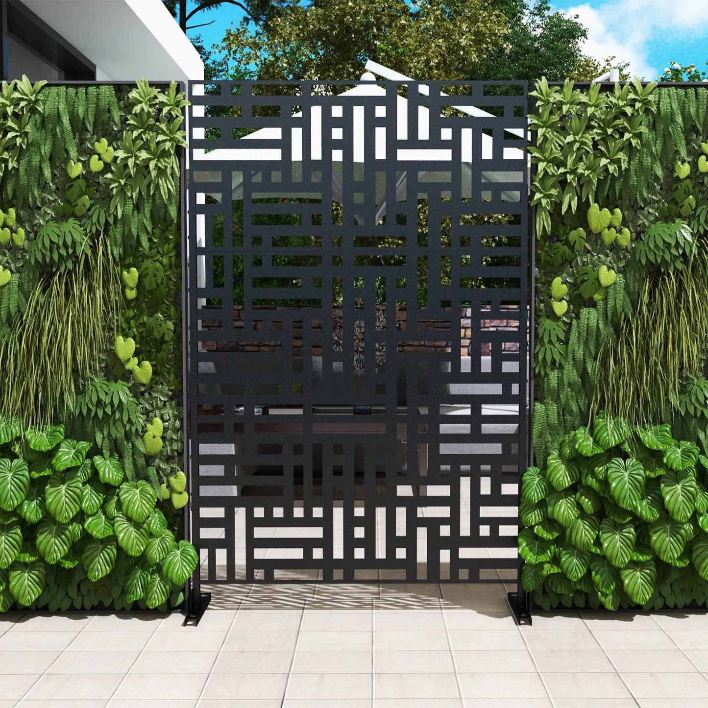 Outdoor Metal Privacy Screen with Stand, 72" H x 47" W Freestanding Outdoor Patio Divider, Decorative Patio Privacy Fence Panel for Garden Backyard Balcony Porch (Brown-Crossbanding)