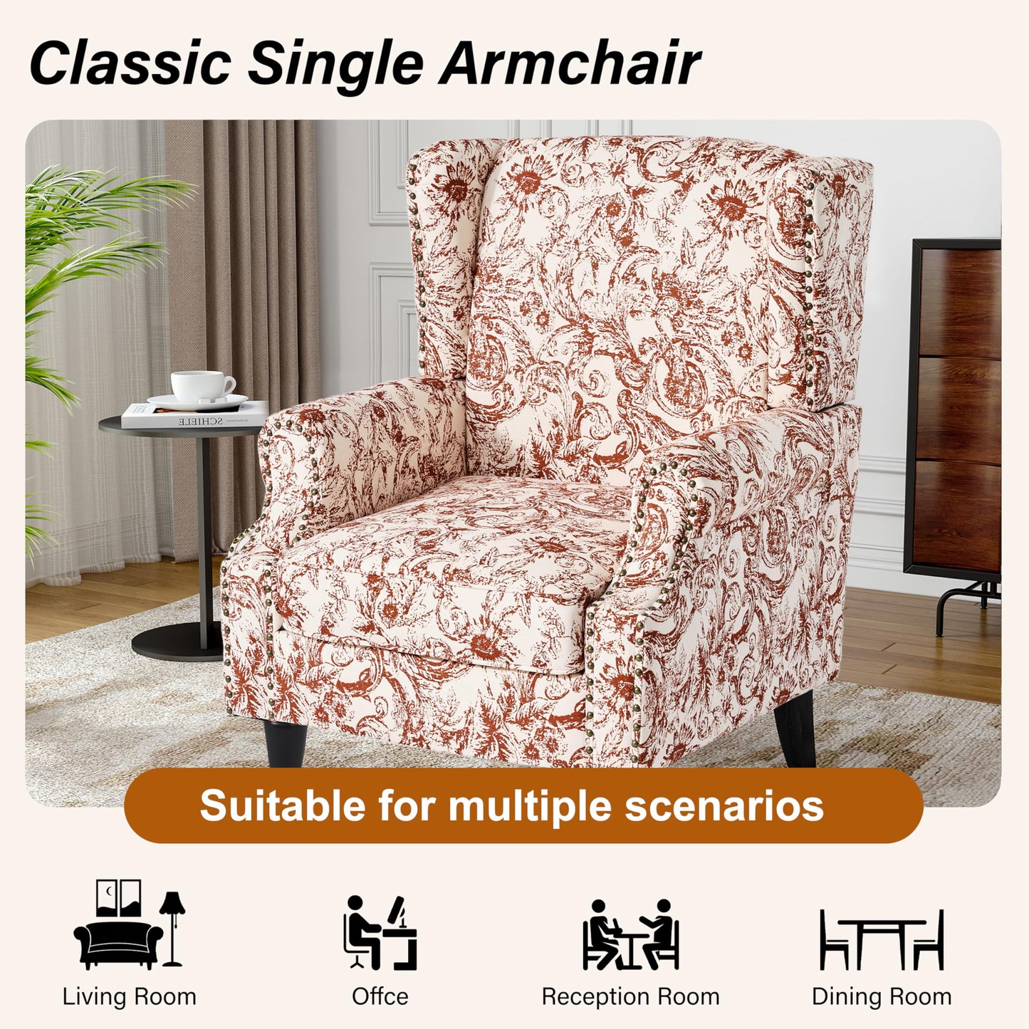 Floral Wingback Accent Chair, High Back Upholstered Armchair, Comfy Fabric Wingback Arms Chairs with Solid Wood Legs, Single Sofa Reading Chair for Bedroom Living Room, Beige