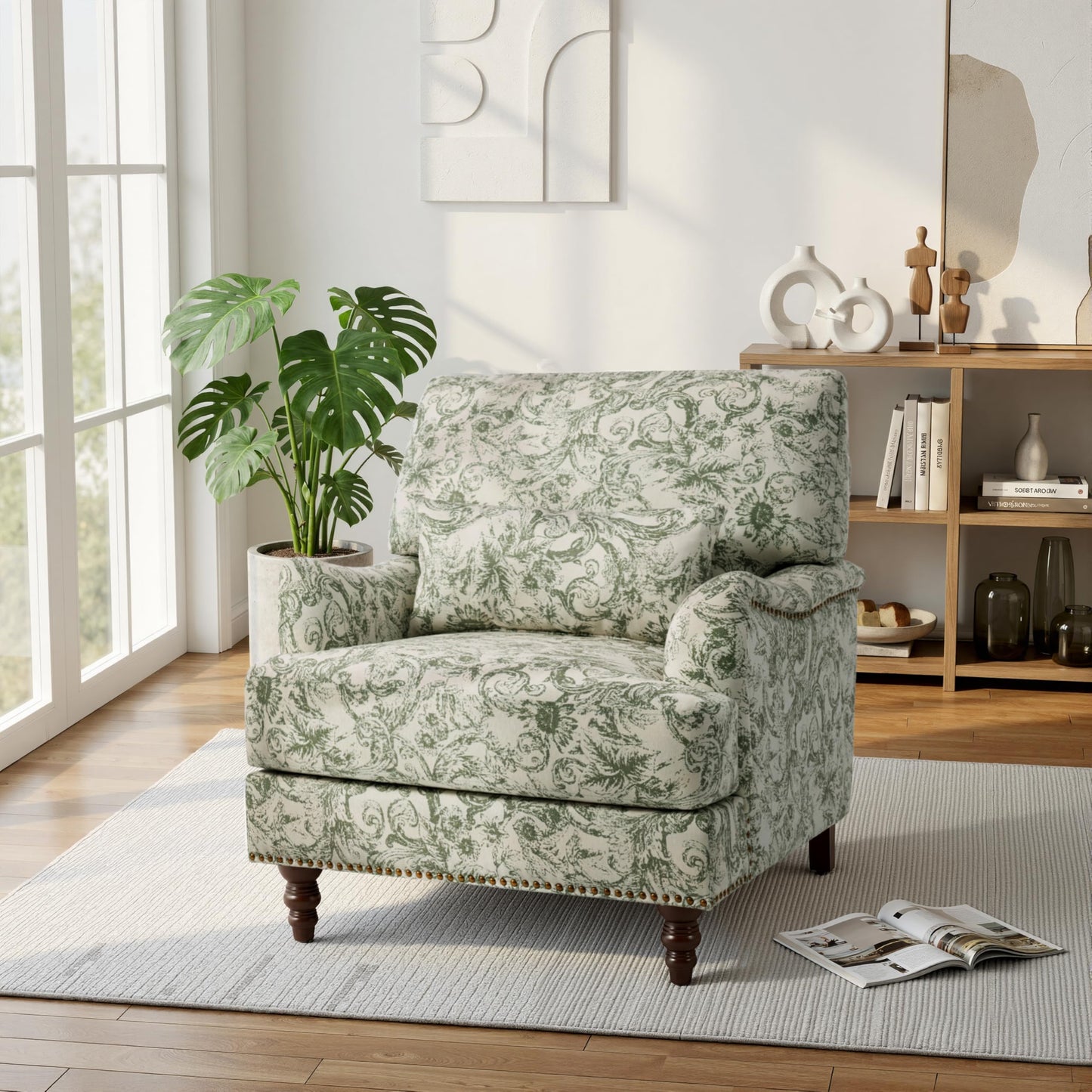 Accent Chair for Living Room, Upholstered Armchair with Nailhead Trim & Solid Wood Legs, Mid Century Modern Club Chair for Bedroom/Reading Room, Rococo Green