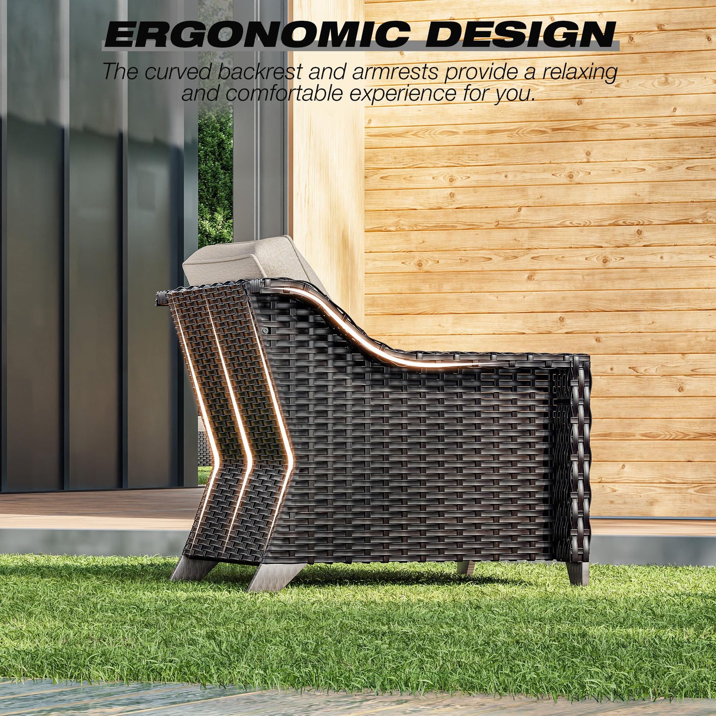 Joyside Patio Sofa - 3 Seater Rattan Sofa, All Weather High Back Sofa, Upgraded Large Size with 4inch Seat Cushions for Backyard, Garden, Poolside (Brown/Blue)