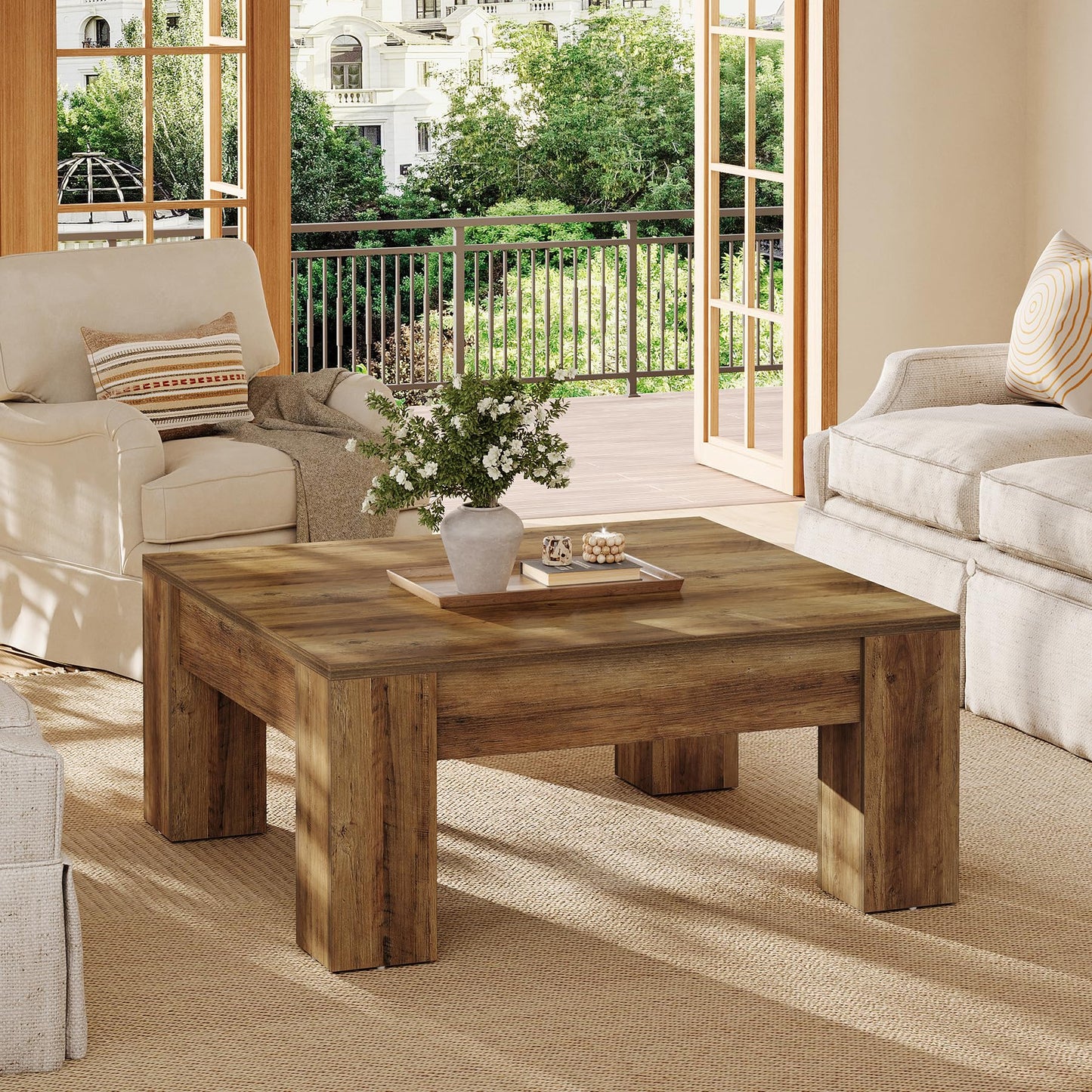 Tribesigns Square Coffee Table, 39-Inch Farmhouse Wooden Coffee Table with Sturdy Legs, Rustic Accent Center Table for Living Room, Easy Assembly, Light Brown
