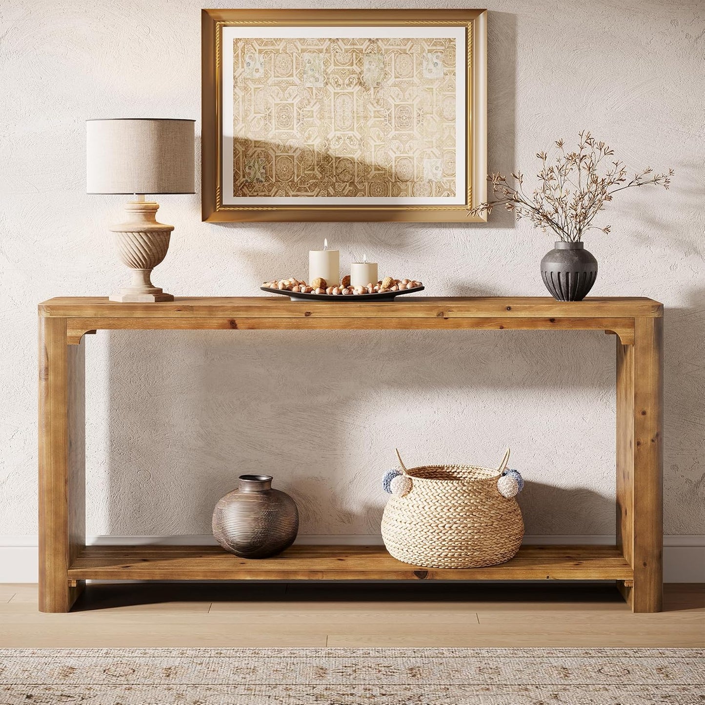 2-Tier Wooden Sofa Table, 63" Behind the Couch Table, Farmhouse Console Table, Solid Wood Entryway Table with Storage for Living Room, Entrance, Foyer, Hallway (Rustic Brown)