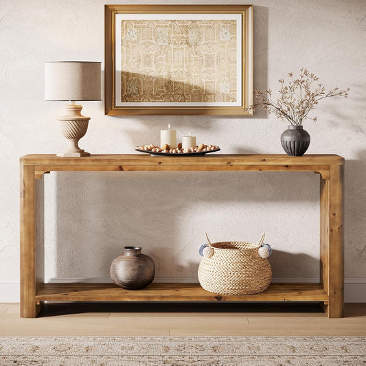 2-Tier Wooden Sofa Table, 63" Behind the Couch Table, Farmhouse Console Table, Solid Wood Entryway Table with Storage for Living Room, Entrance, Foyer, Hallway (Rustic Brown)
