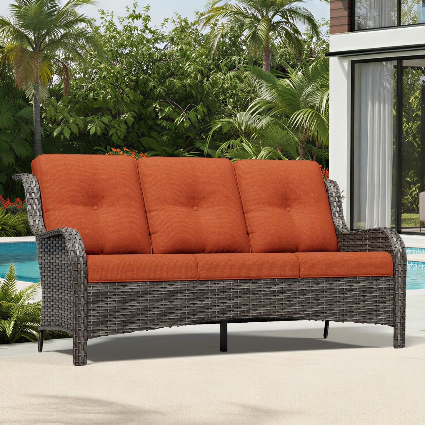 Joyside Outdoor Patio Couch, 3 Seater Outdoor Wicker Sofa with High Back, Deep Seating, Wide Armrest, Thickened Cushions, Patio Sofa for Deck, Porch Use