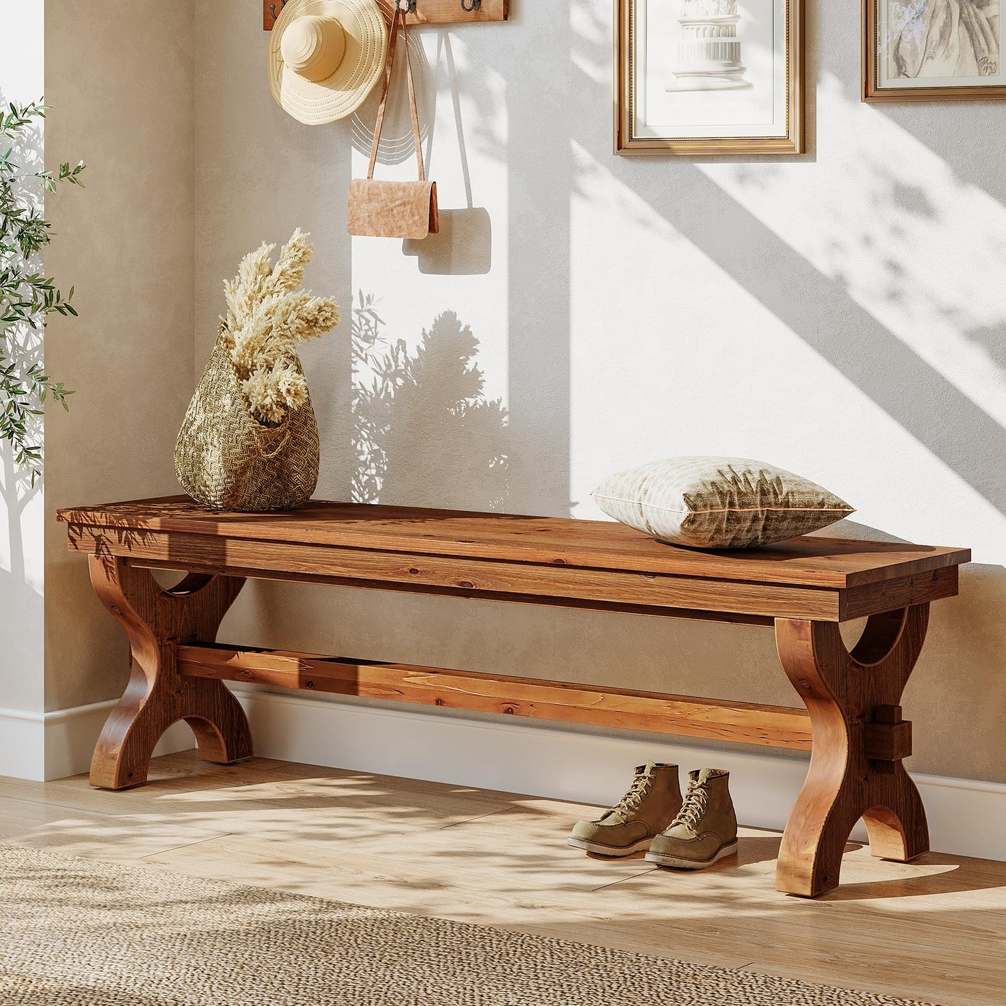 Solid Wood Dining Bench, 55-Inch Long Entryway Shoe Bench, Farmhouse Indoor Seat for Dining Room, Living Room, Hallway, Brown (1, Brown)