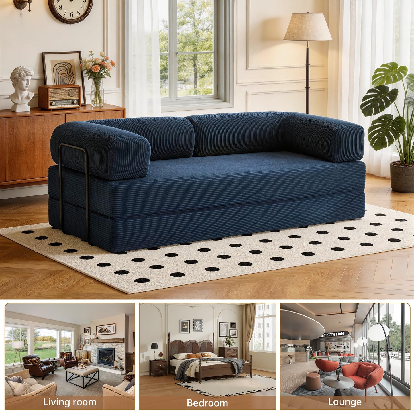 79'' Convertible Sleeper Sofa Bed, 4-in-1 Corduroy Folding Floor Couch, No Assembly Modular Boneless Loveseat with Pull Out Bed, Comfy Foldable Sofa Bed for Living Room Bedroom Guest Room, Gray