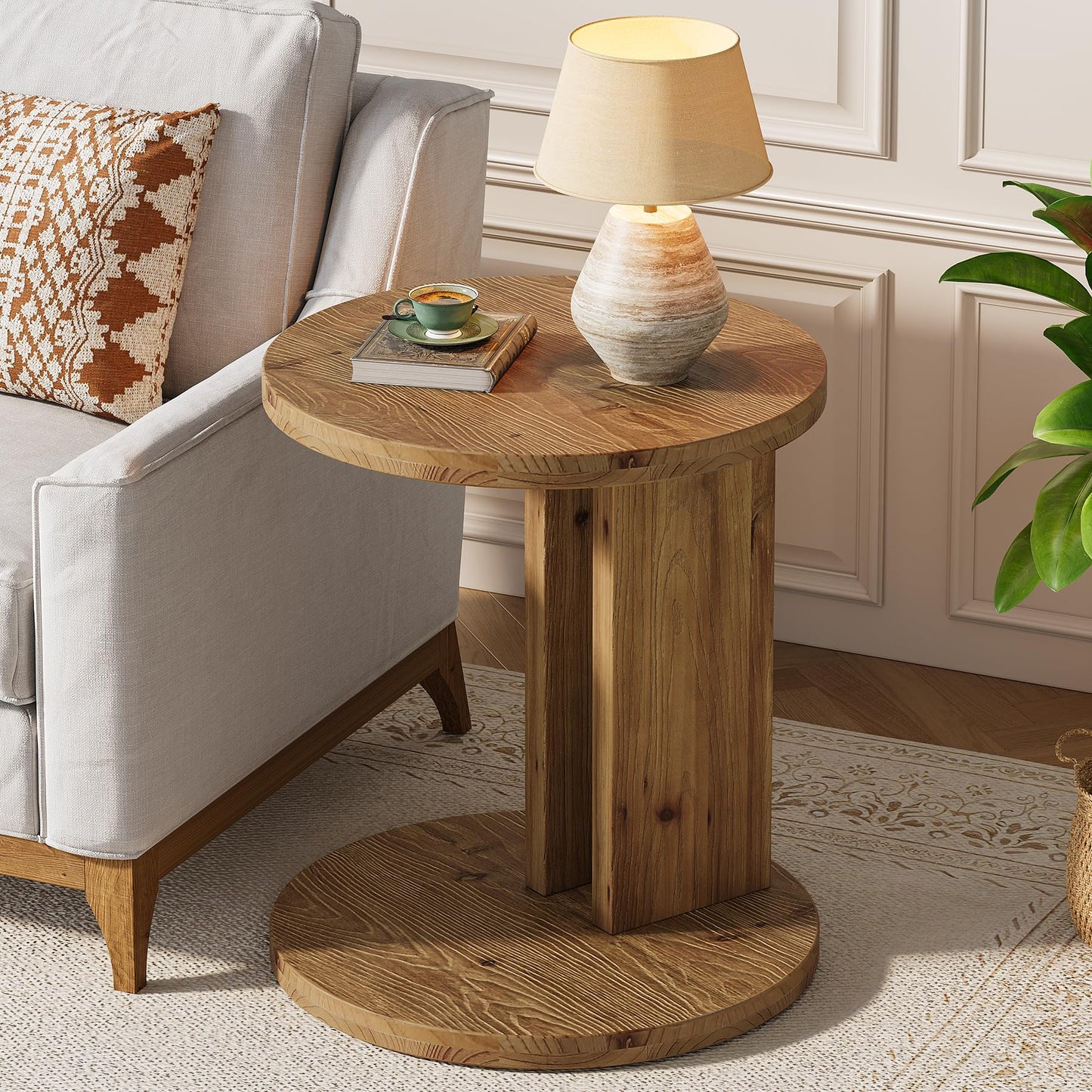 Solid Wood End Table, C-Shaped Round Side Table for Sofa and Bedside, Farmhouse Accent Furniture for Living Room, Bedroom, Easy Assembly (1, Brown)