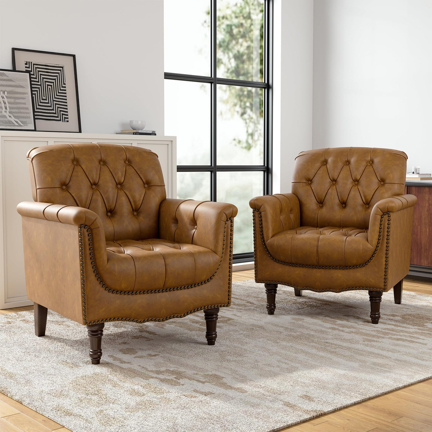 Faux Leather Club Chair, Retro Upholstered Armchair Accent Chair with Solid Wood Legs & Nailhead Trim for Living Room, Bedroom, Reading Room, Camel