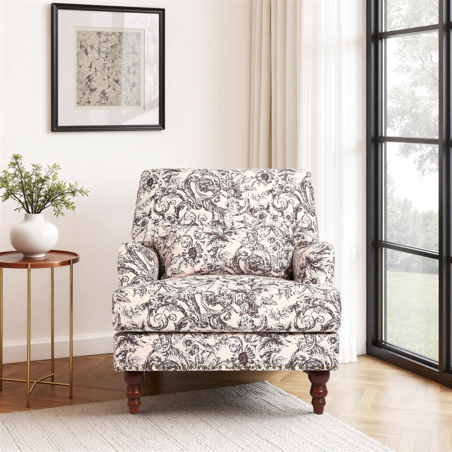 Accent Chair for Living Room, Upholstered Armchair with Nailhead Trim & Solid Wood Legs, Mid Century Modern Club Chair for Bedroom/Reading Room, Rococo Green
