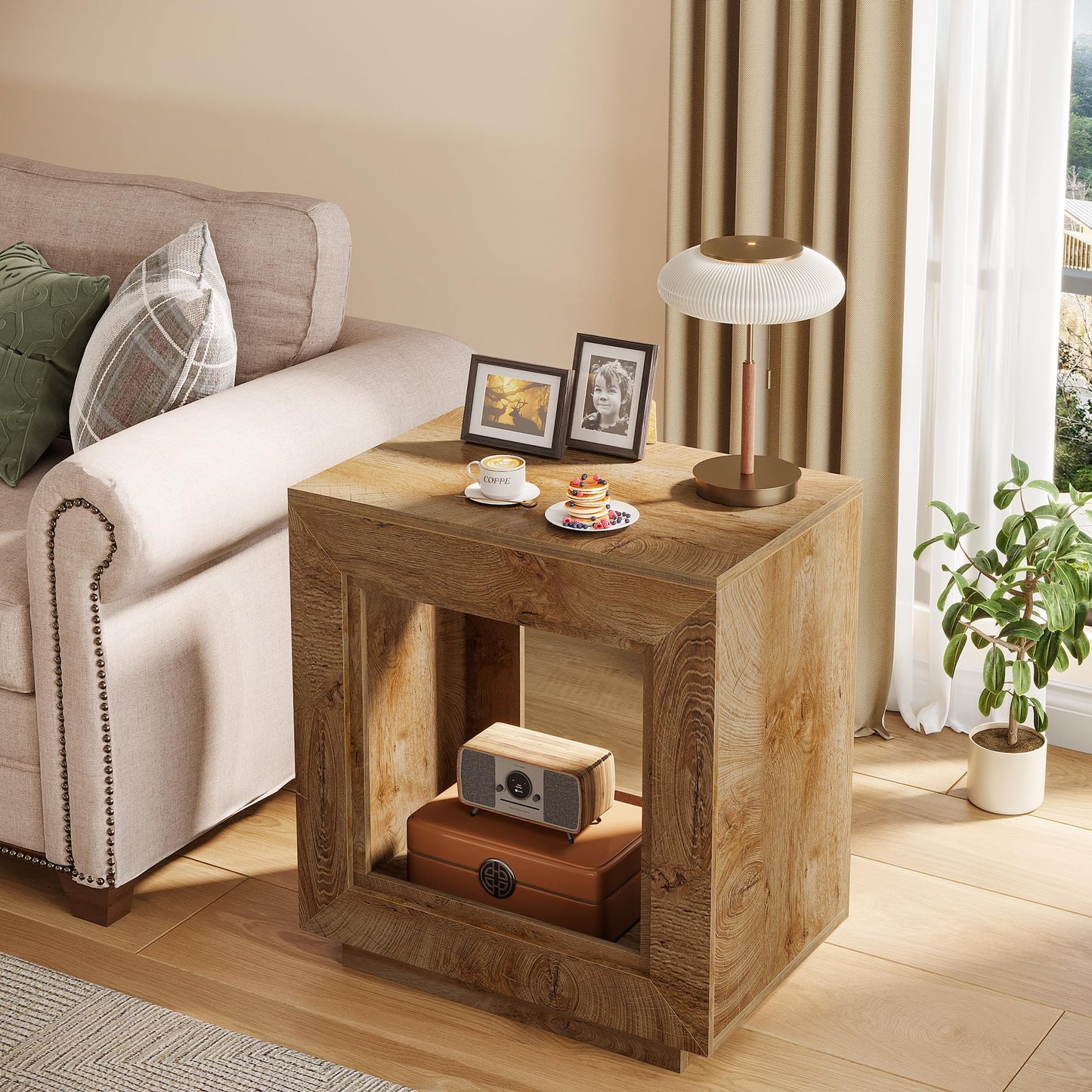 Tribesigns Rustic Wood End Table, 2 Tiered Square Side Table with Storage Shelf, Industrial Sofa Side Table for Living Room, Entrance (Rustic Brown) (1)