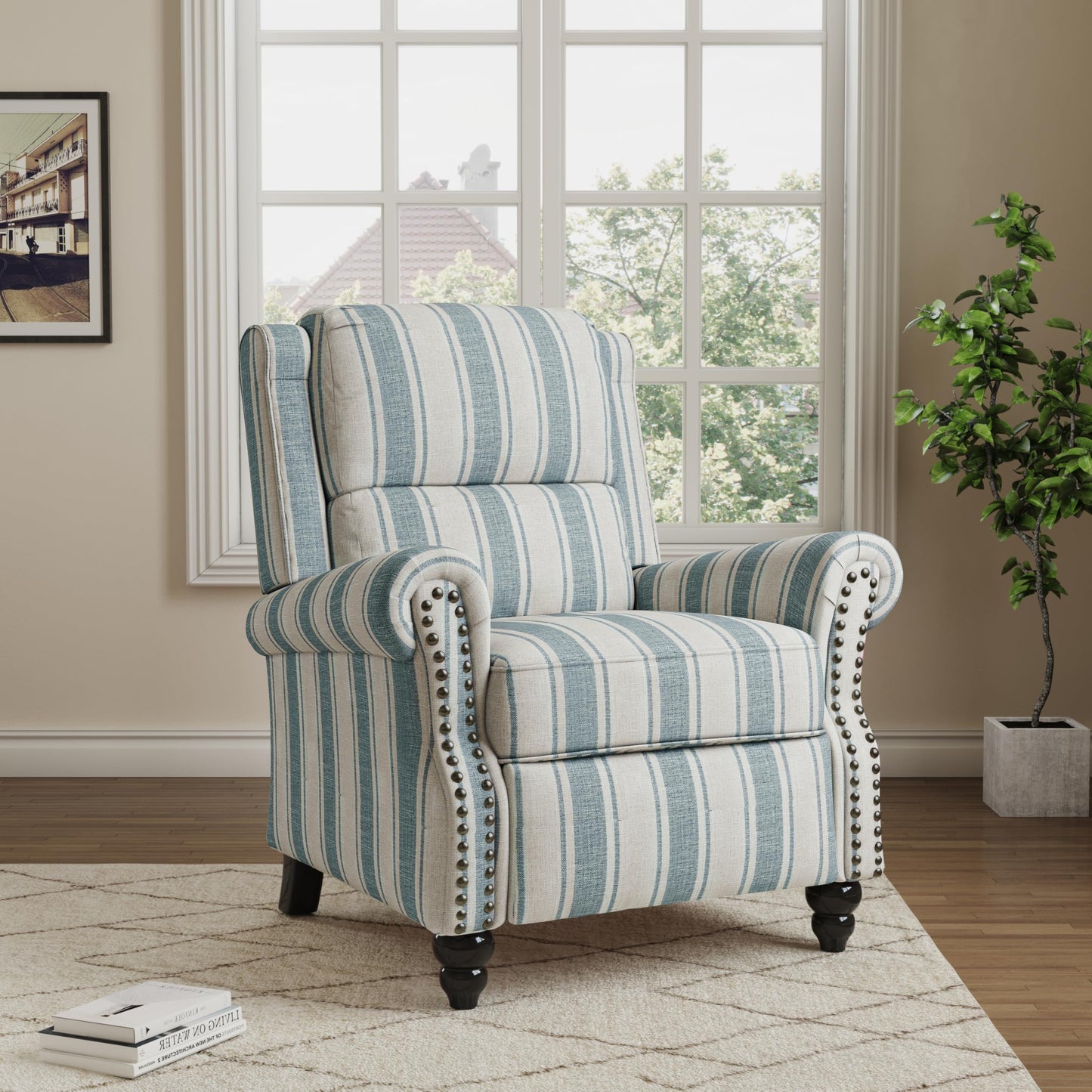 Pushback Recliner Chairs Set of 2, Comfy Fabric Wingback Recliner Chair, Upholstered Armchair Push Back Recliner with Wood Legs, Rivet Trim Accent Chair for Living Room, Bedroom, Blue Stripe