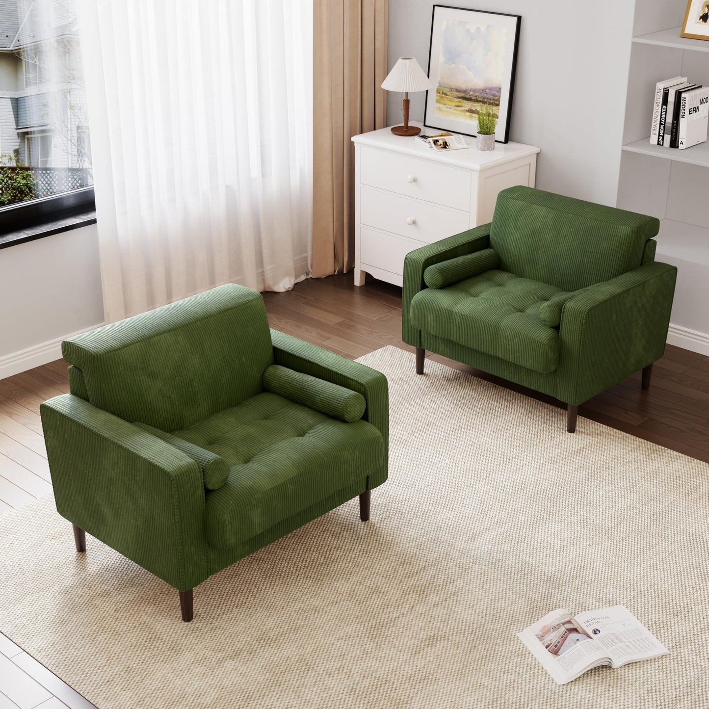 34.5" Arm Chair, Corduroy Fabric Modern Accent Chair, Comfy Upholstered Armchair Reading Chair with Solid Wood Legs for Living Room Bedroom Office, Yellow