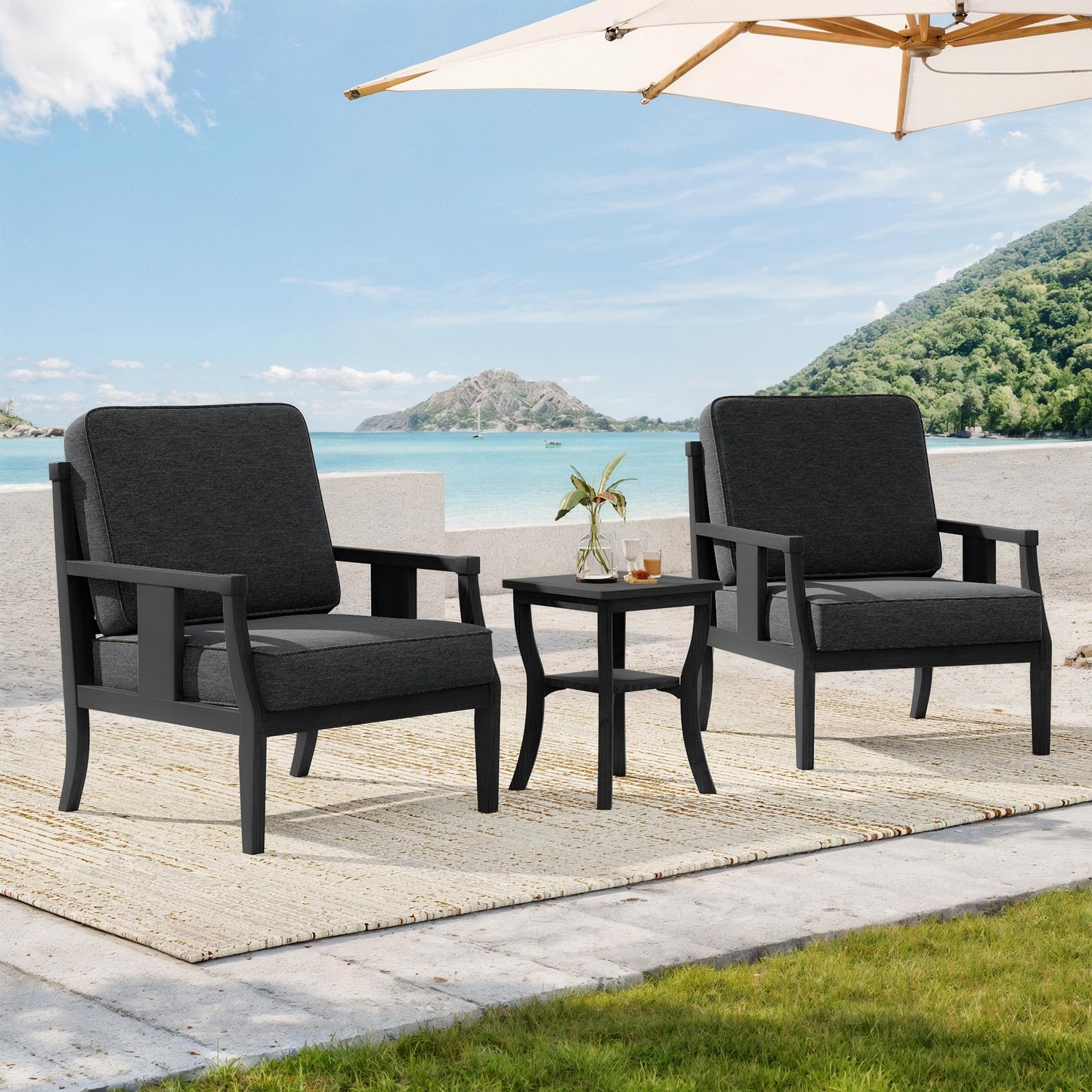 Outdoor Patio Armchairs Set of 2, All-Weather Solid Wood Patio Furniture Sets, Outdoor Sofa Chairs with Washable Thick Cushions for Porch, Balcony, Deck, Black Frame & Gray Cushion