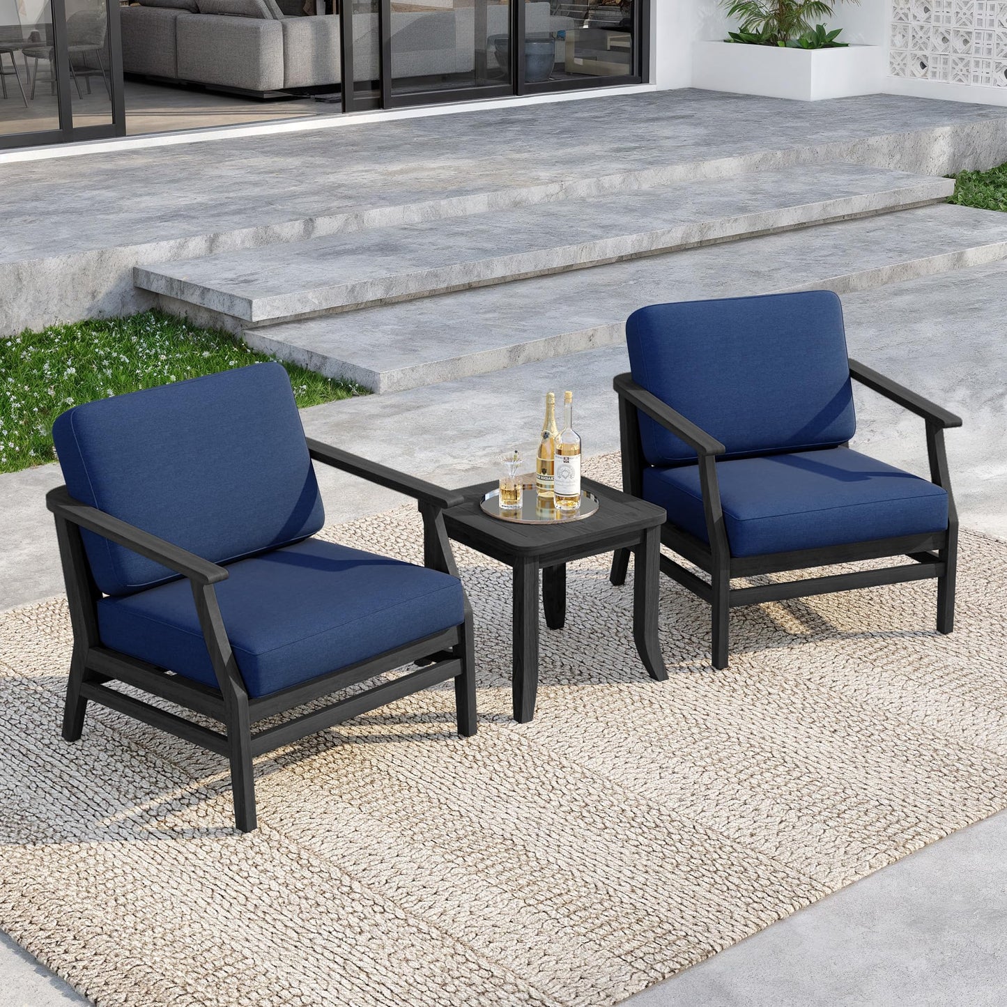 Outdoor Patio Armchairs, 2 Pieces Solid Wood Patio Furniture Sets with Washable Thick Cushions, All-Weather Outdoor Sofa Chairs for Backyard, Garden, Poolside, Natural Frame & Dark Gray Cushion