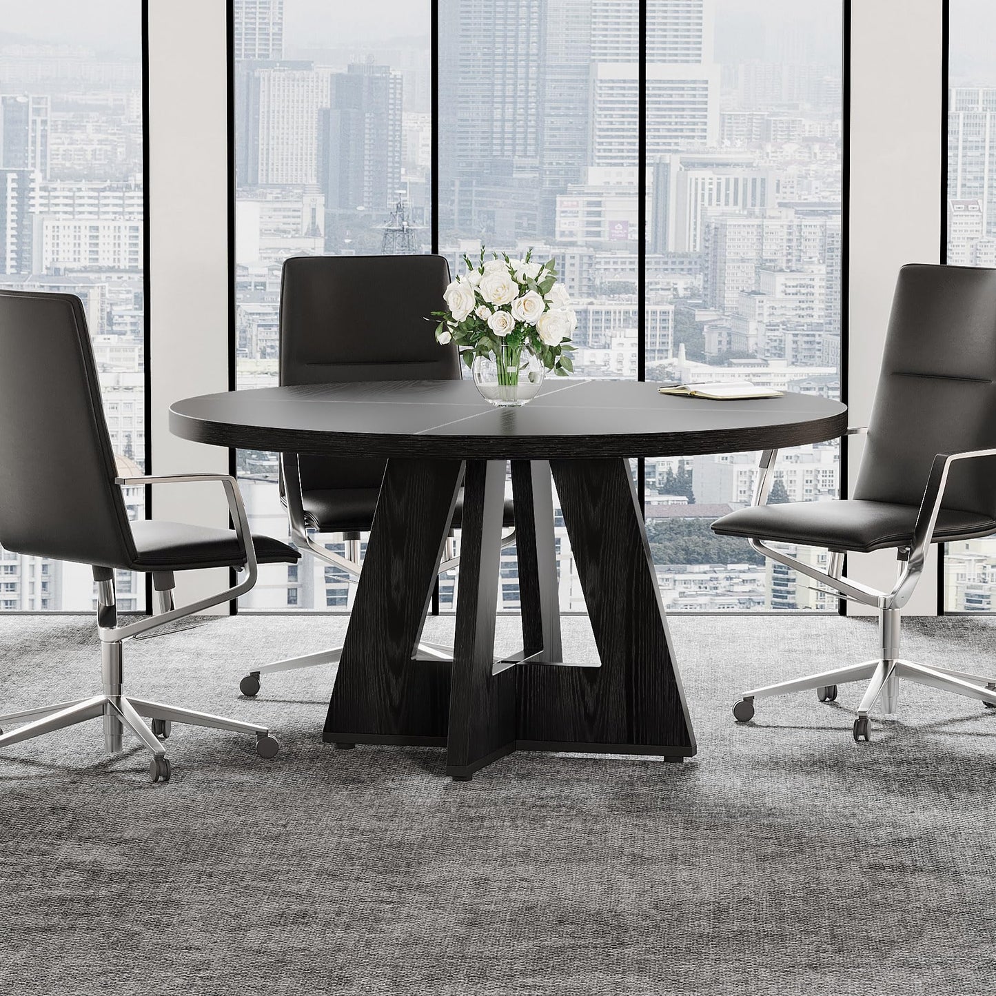 Tribesigns 47-Inch Round Conference Table for 4-6 People, Wooden Meeting Room Table with Thicken Tabletop and Wood Base (Grey)