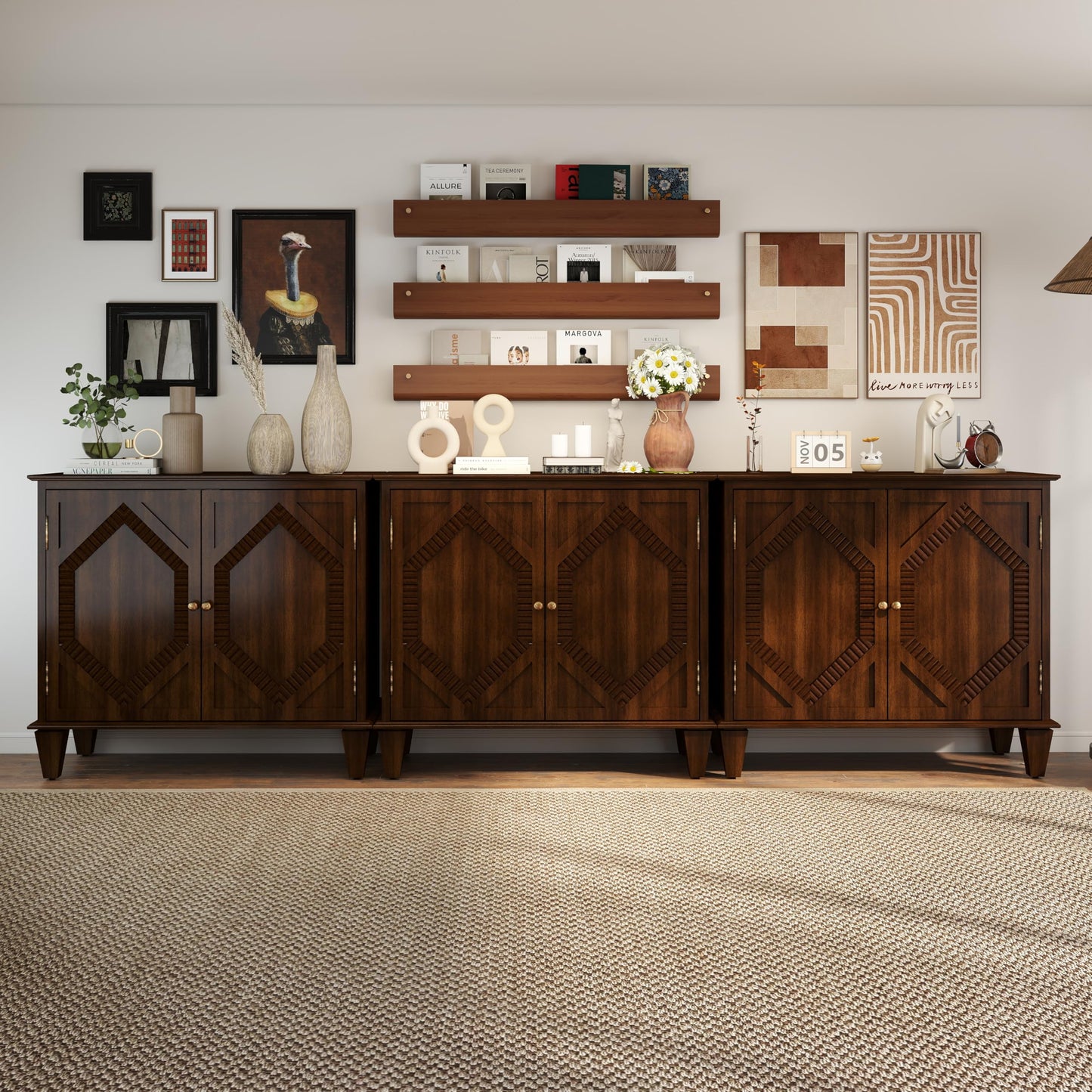 LKTART 65" Mid Century Sideboard Buffet Cabinet with Solid Wood Legs,Accent Storage Cabinet Credenza with 4 Doors for Living Room,Entryway,Kitchen(Walnut)