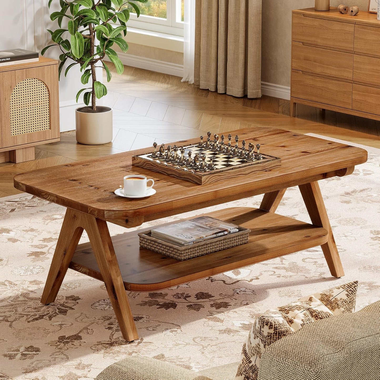 Solid Wood 2-Tier Coffee Table with Storage Shelf, 47" Brown Farmhouse Center Table for Living Room