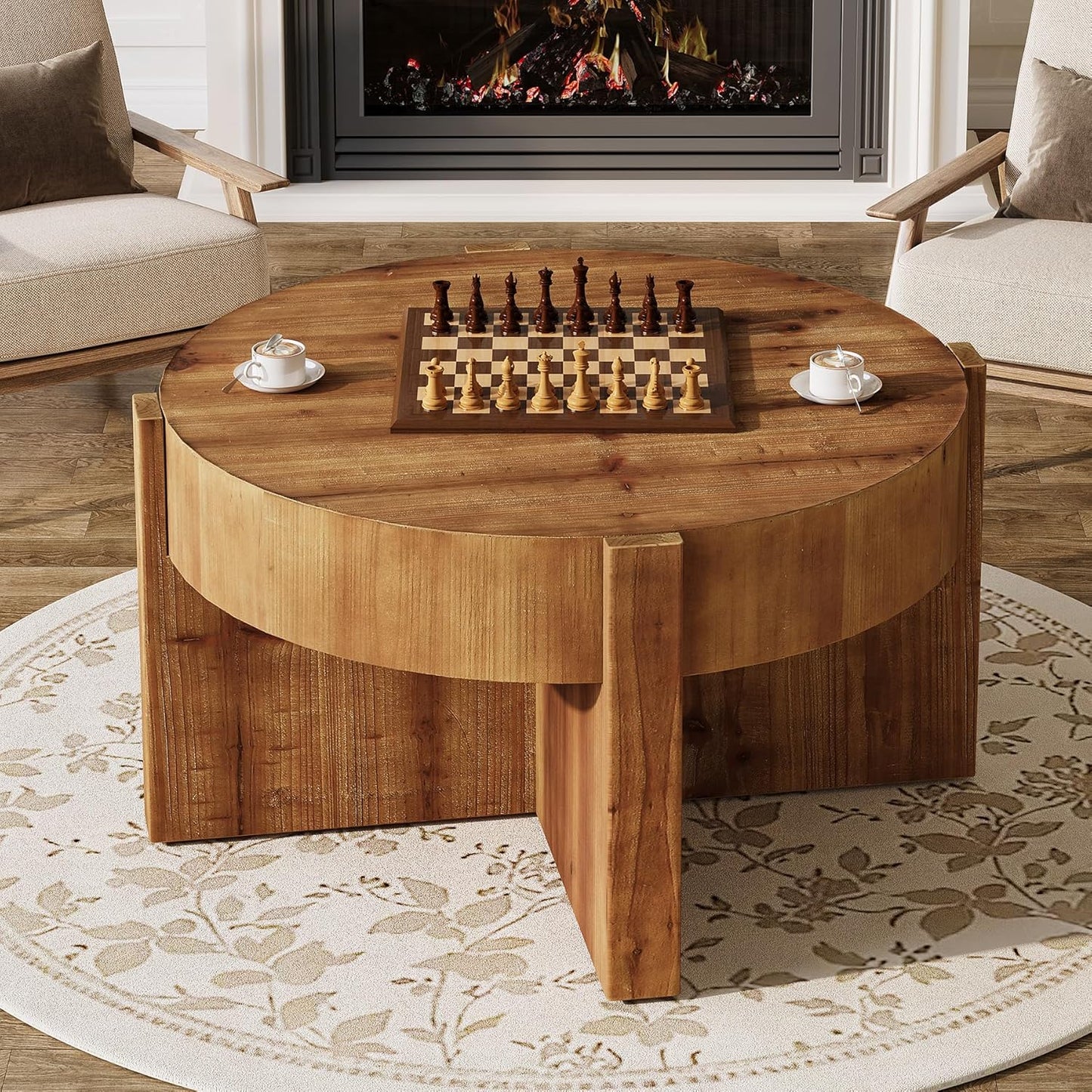 Solid Wood Round Coffee Table, 32 Inch Round Coffee Table for Living Room, Large Farmhouse Center Table with Thick Tabletop for Home, Easy Assembly, Rustic Brown