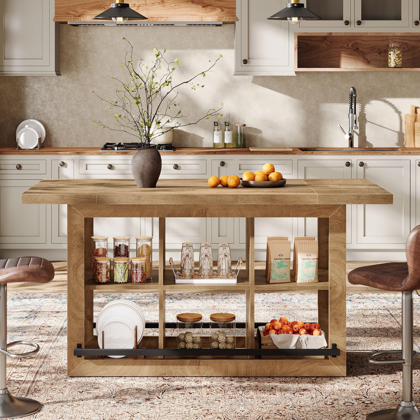 Tribesigns Kitchen Island with Storage, Counter Height Kitchen Island Table with 6 Open Cubbies and Footrests, Coffee Bar Table for Dining Room, Black&Brown