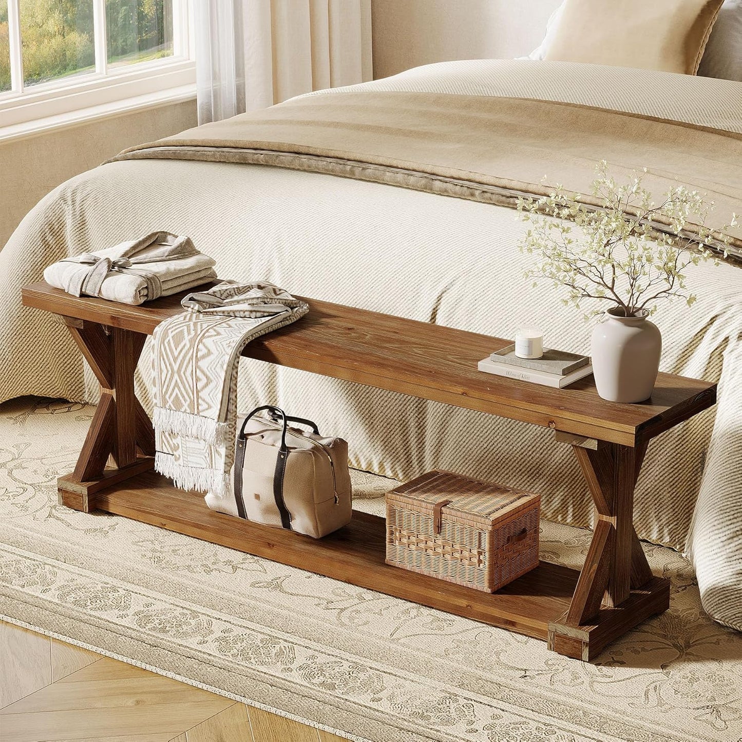 59-Inch Solid Wood Entryway Bench, 2-Tier Narrow Farmhouse Foyer Shoe Bench with Open Shelf for Hallway, Mudroom, Bedroom, Natural Brown
