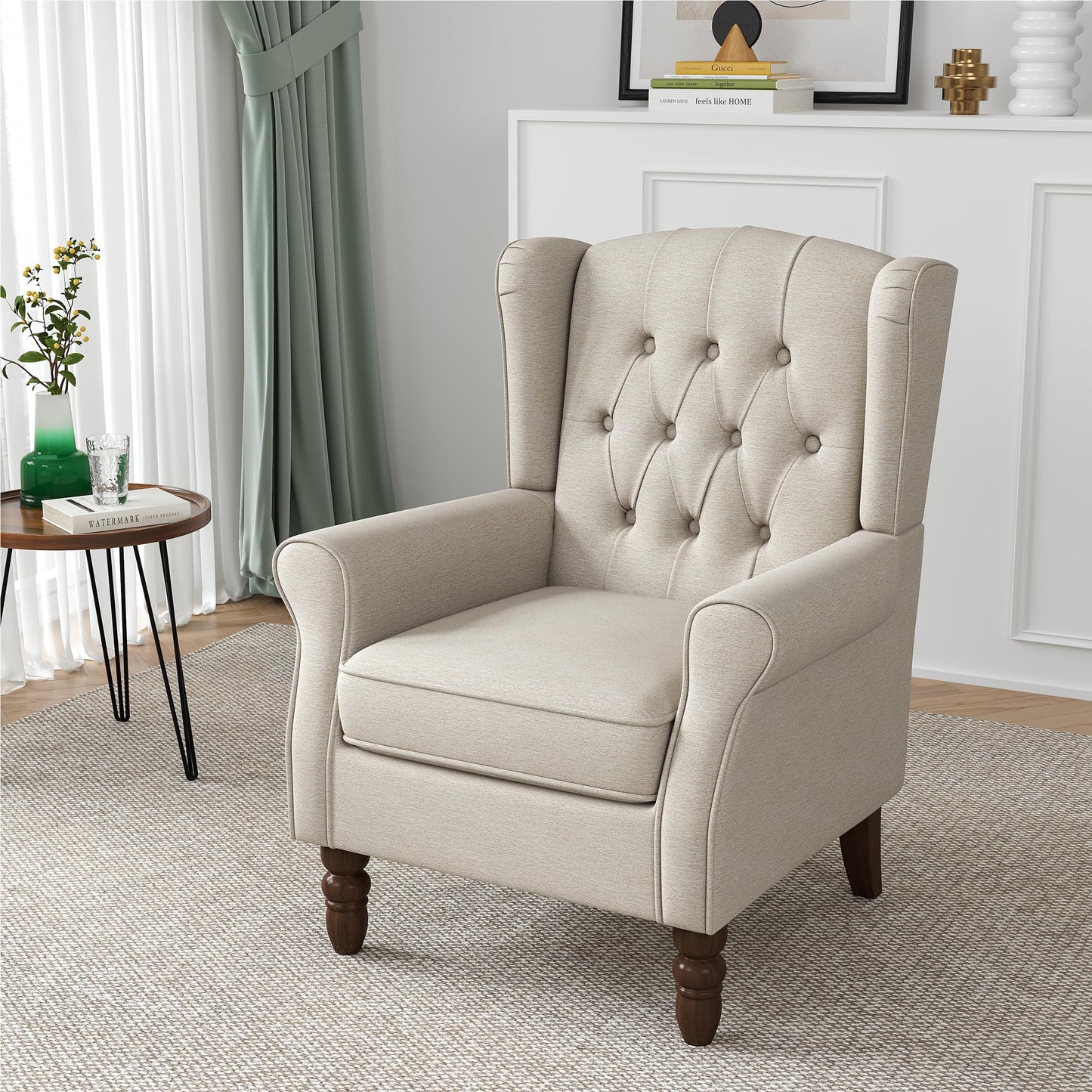 Faux Leather Wingback Chairs Set of 2, High Back Accent Chair for Living Room, Button-Tufted Upholstered Armchair with Solid Wood Legs, Comfy Reading Chair for Bedroom, Brown