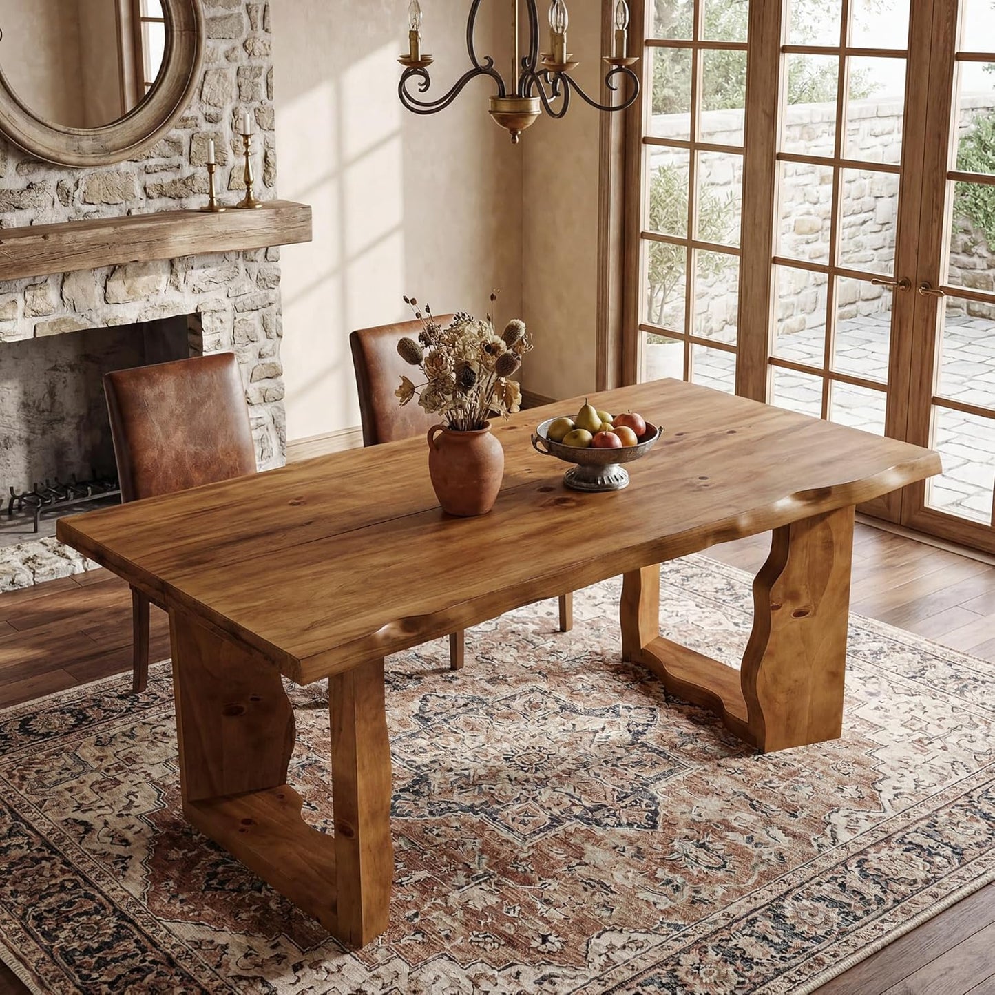 63" Live Edge Solid Wood Dining Table, Modern Rustic Kitchen Table with Sculptural Legs, 6-Person Rectangular Dinner Table for Dining Room, Kitchen,Natural Walnut Finish
