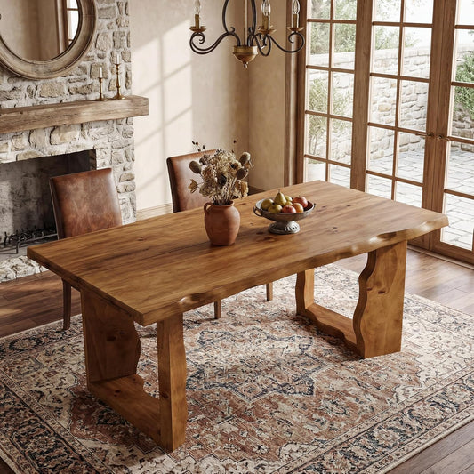 63" Live Edge Solid Wood Dining Table, Modern Rustic Kitchen Table with Sculptural Legs, 6-Person Rectangular Dinner Table for Dining Room, Kitchen,Natural Walnut Finish
