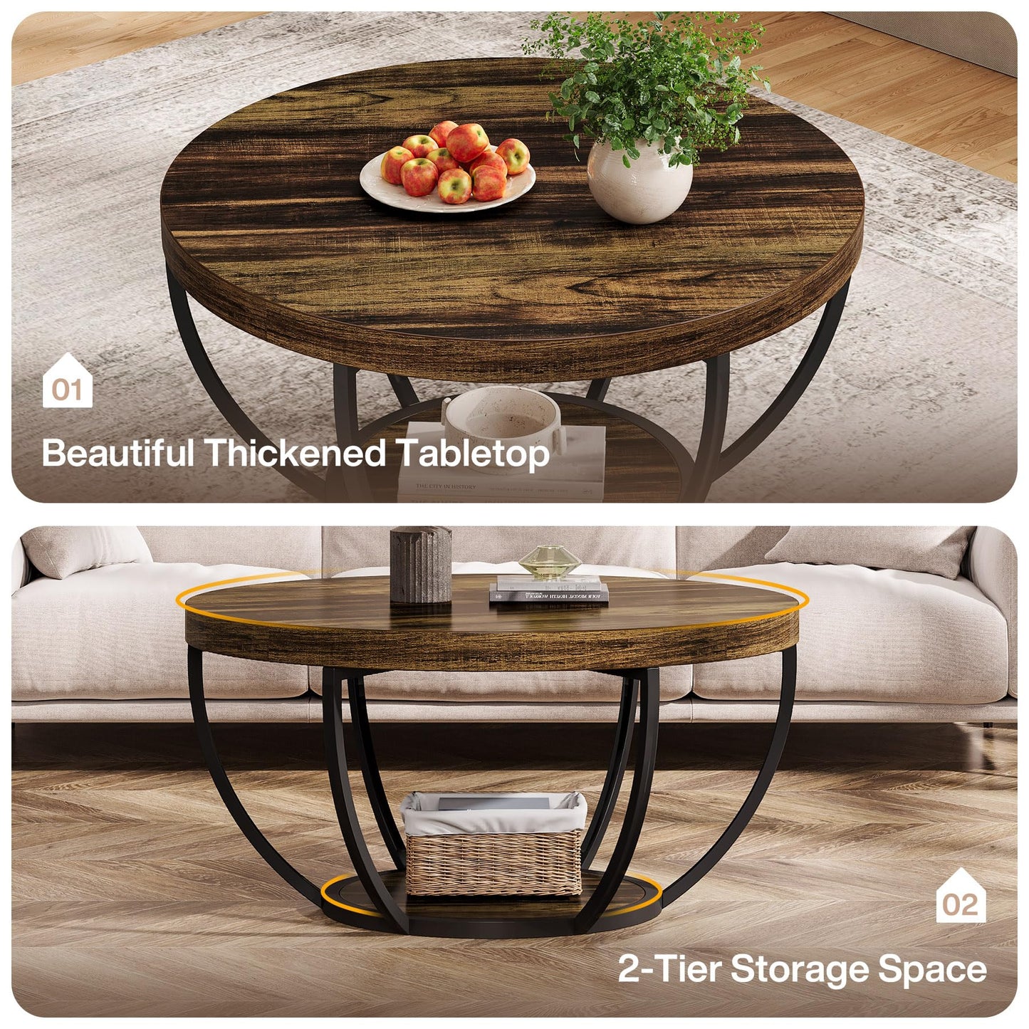 Tribesigns Round Coffee Table, 31.7" Wooden 2-Tier Circle Coffee Table with Storage Shelves, Modern Accent Cocktail Table Center Table for Living Room, Grey