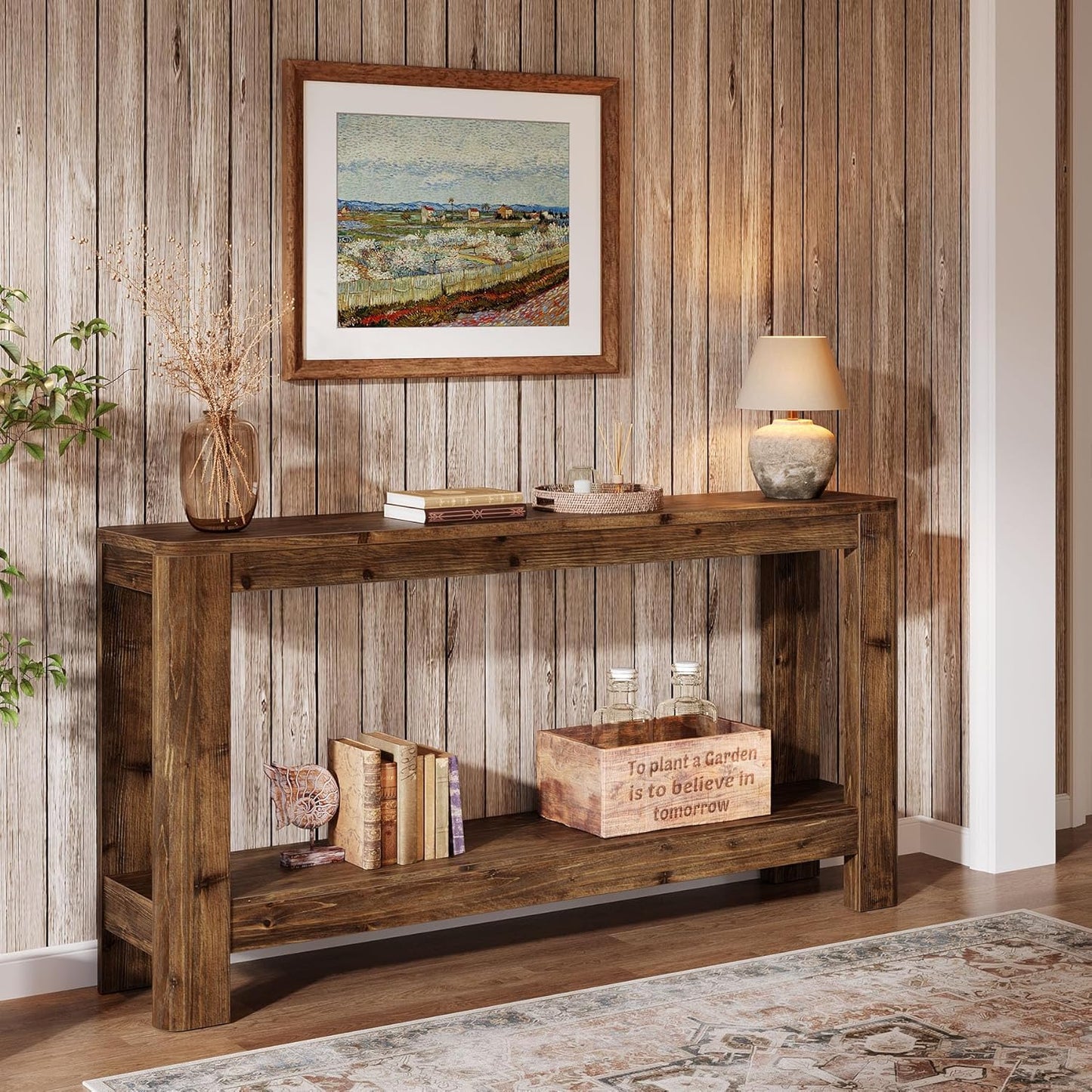 Solid Wood Console Table for Entryway, 63" Farmhouse Slim Sofa Table with 2-Tier Storage Shelf, Rustic Modern Narrow Hall Entry Furniture for Living Room, Entrance, Foyer, Hallway or Bedroom