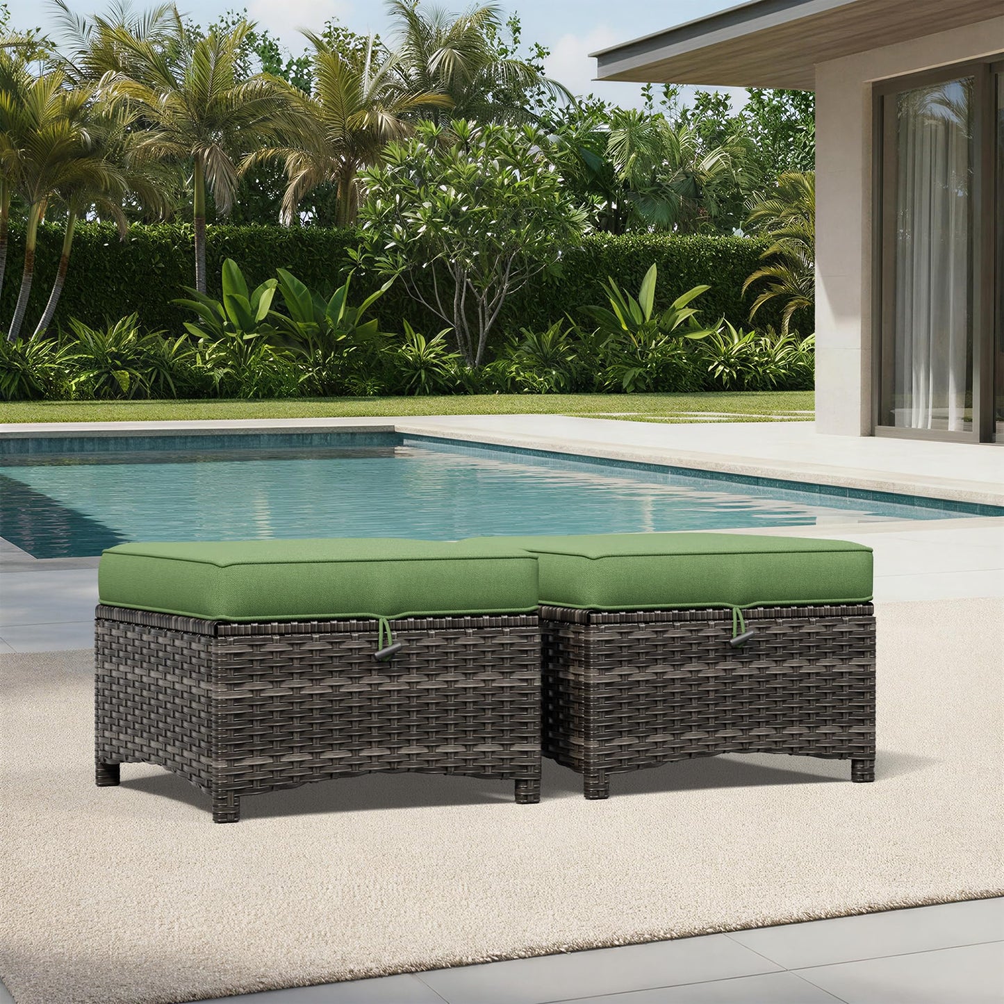 Joyside Outdoor Ottoman Set of 2, Patio Large Ottoman Foot Rest with Thickened Cushions, Outdoor Wicker Foot Stool for Porch, Deck Use