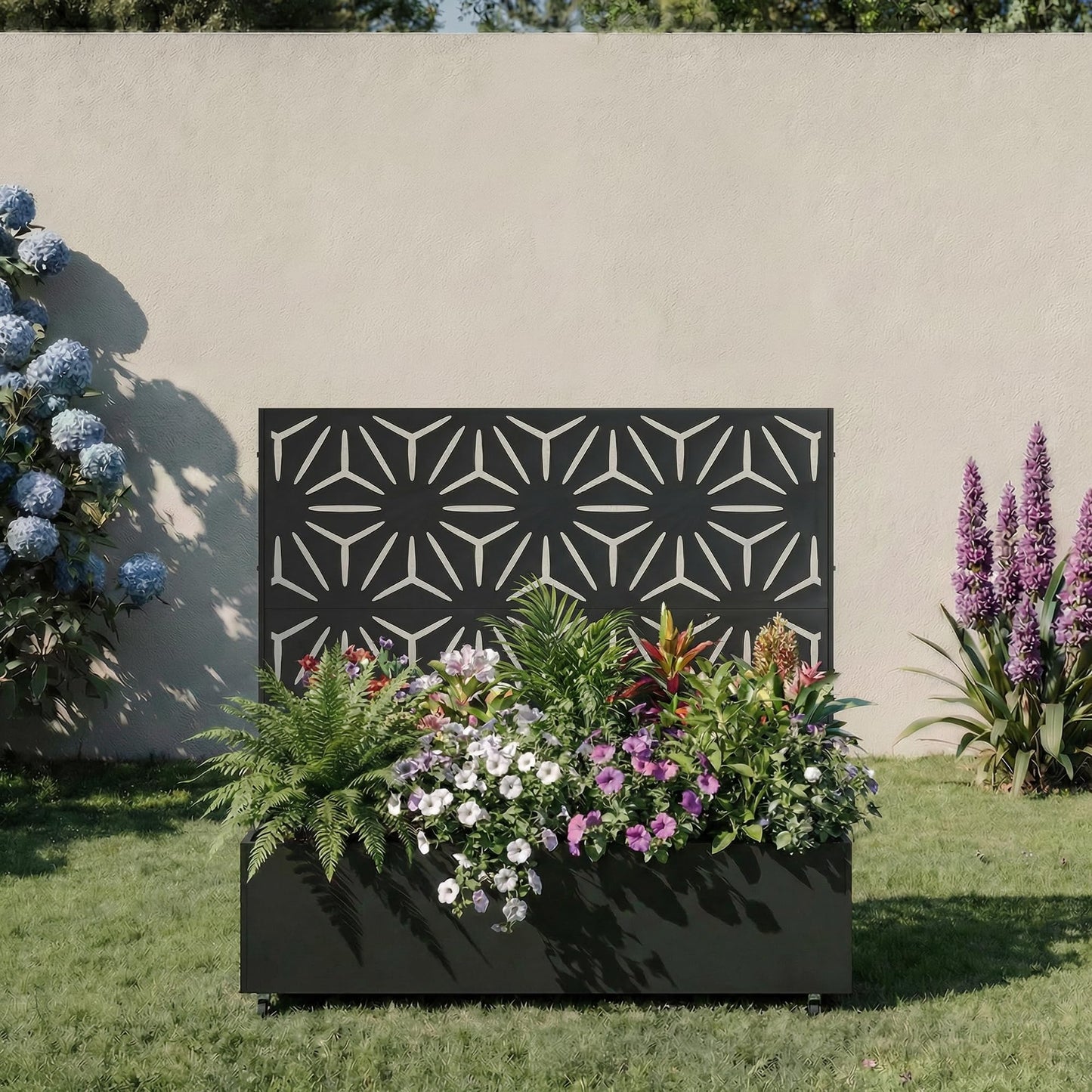 Metal Raised Garden Bed with Trellis and Wheels, 71"x47"x16" Planter Box with Privacy Screen & Drainage Holes, Arched Outdoor Garden Bed for Climbing Plants, Vegetables, Flowers (Black-Square)