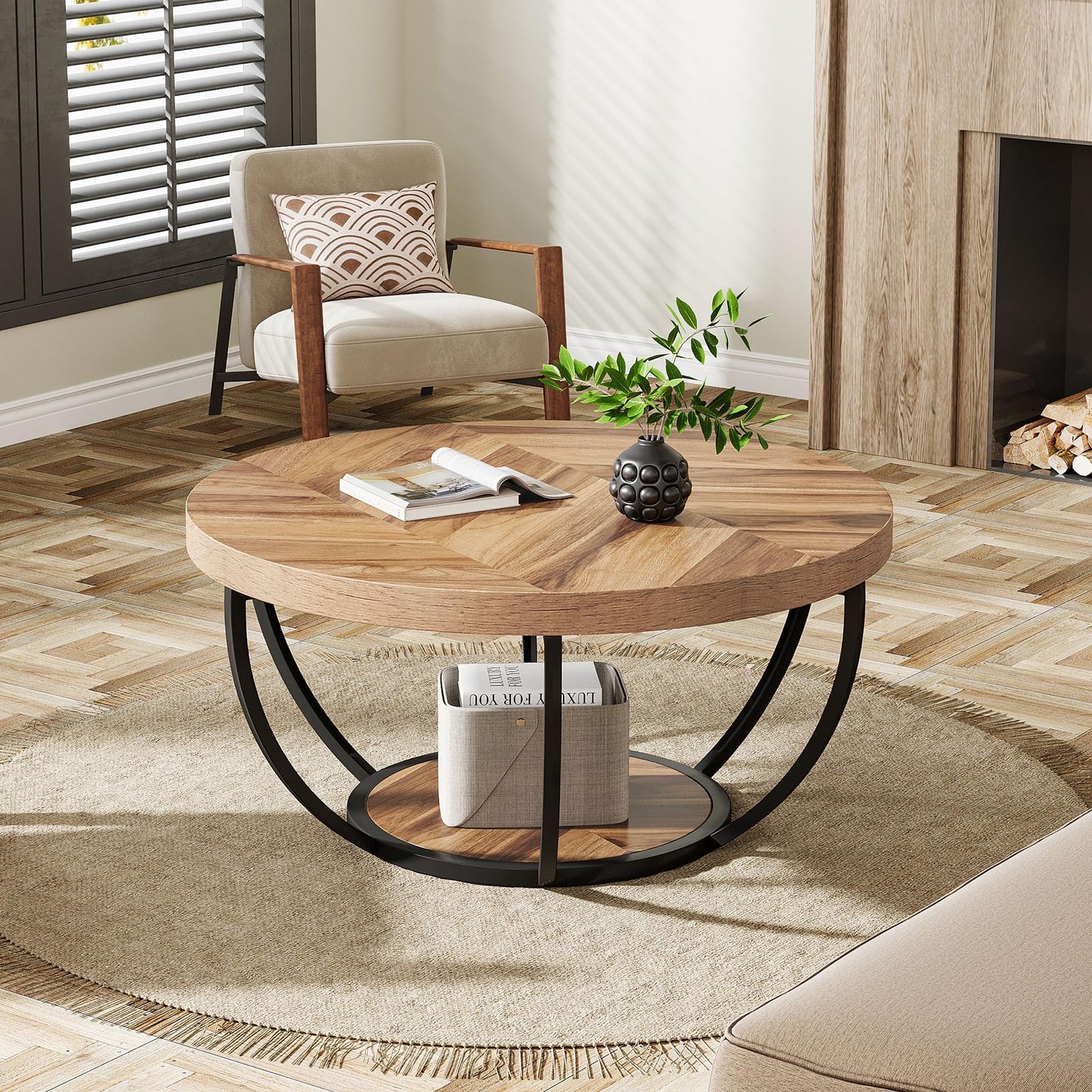 Tribesigns Round Coffee Table, 31.7" Wooden 2-Tier Circle Coffee Table with Storage Shelves, Modern Accent Cocktail Table Center Table for Living Room, Grey
