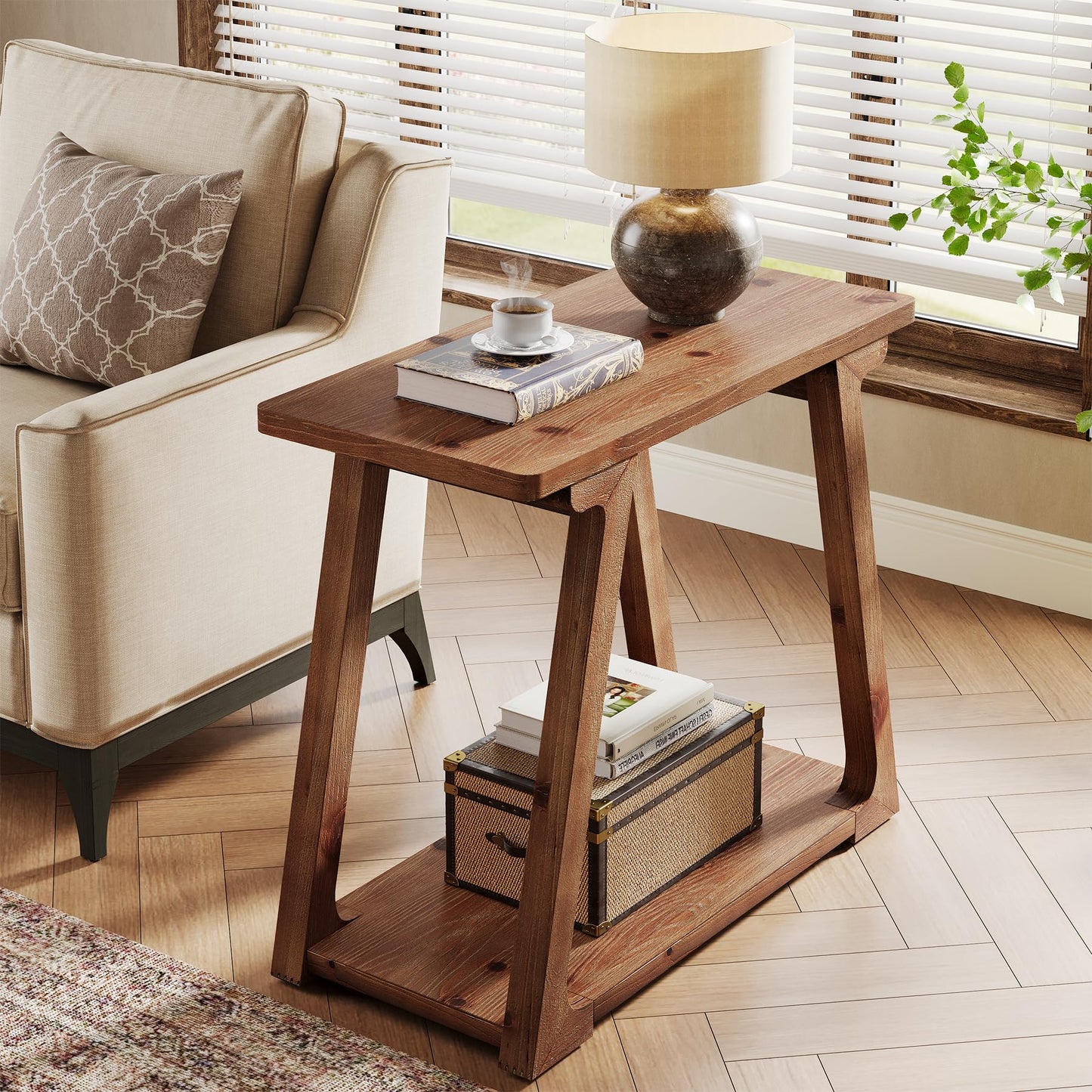 2-Tier Solid Wood End Table, Narrow Side Table, Farmhouse Rectangle Nightstand for Living Room, Bedroom, Easy Assembly, Trapezoidal Base (2, Natural Brown)