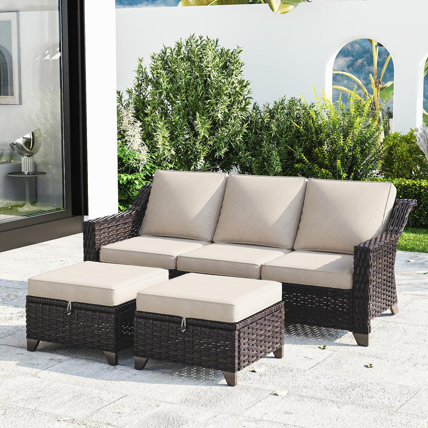 Joyside Patio Sofa - 3 Seater Rattan Sofa, All Weather High Back Sofa, Upgraded Large Size with 4inch Seat Cushions for Backyard, Garden, Poolside (Brown/Blue)