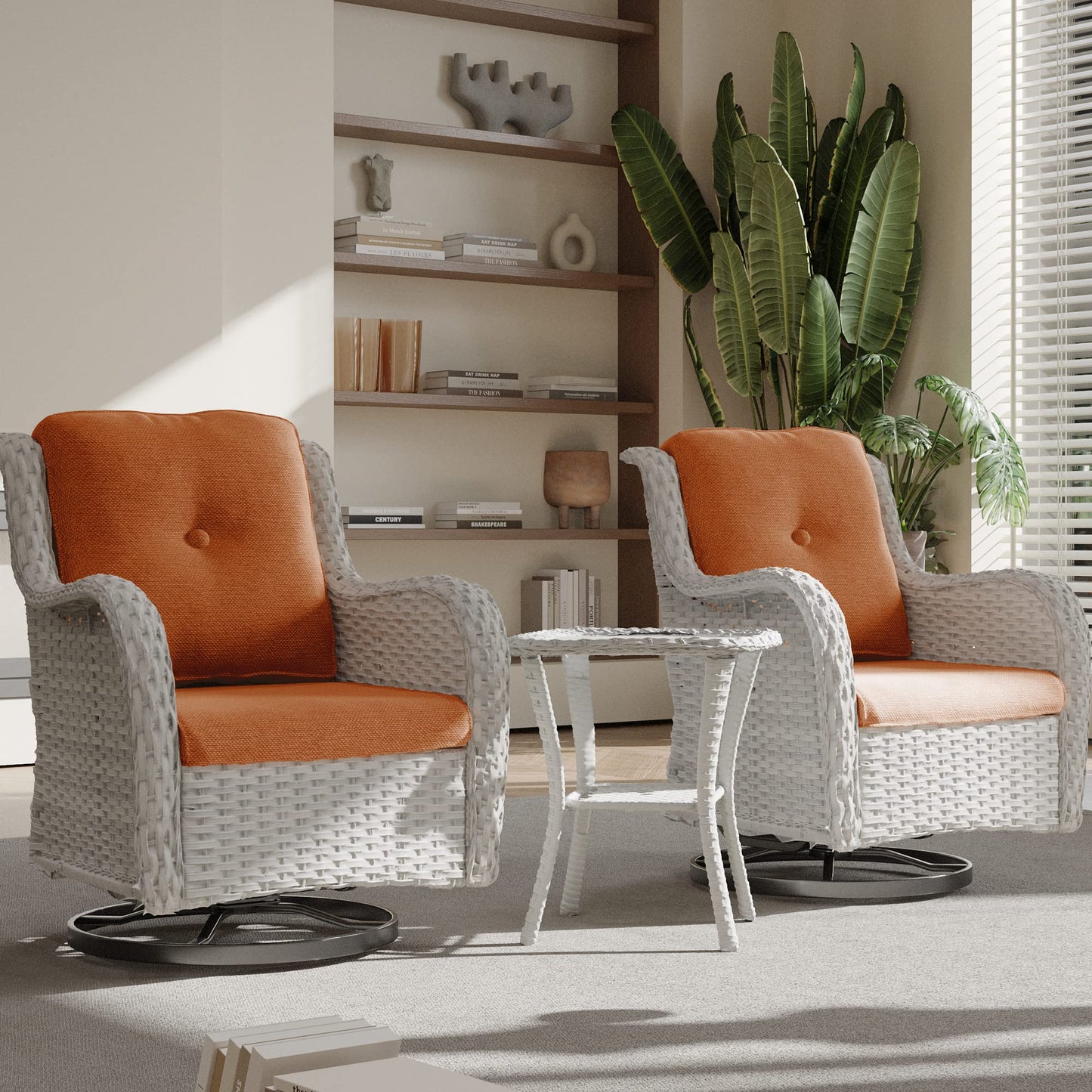 Joyside Outdoor Swivel Rocker Patio Chairs Set of 2 and Matching Side Table - 3 Piece Wicker Patio Bistro Set with Premium & Soft Fabric Cushions(Light Grey/Red)