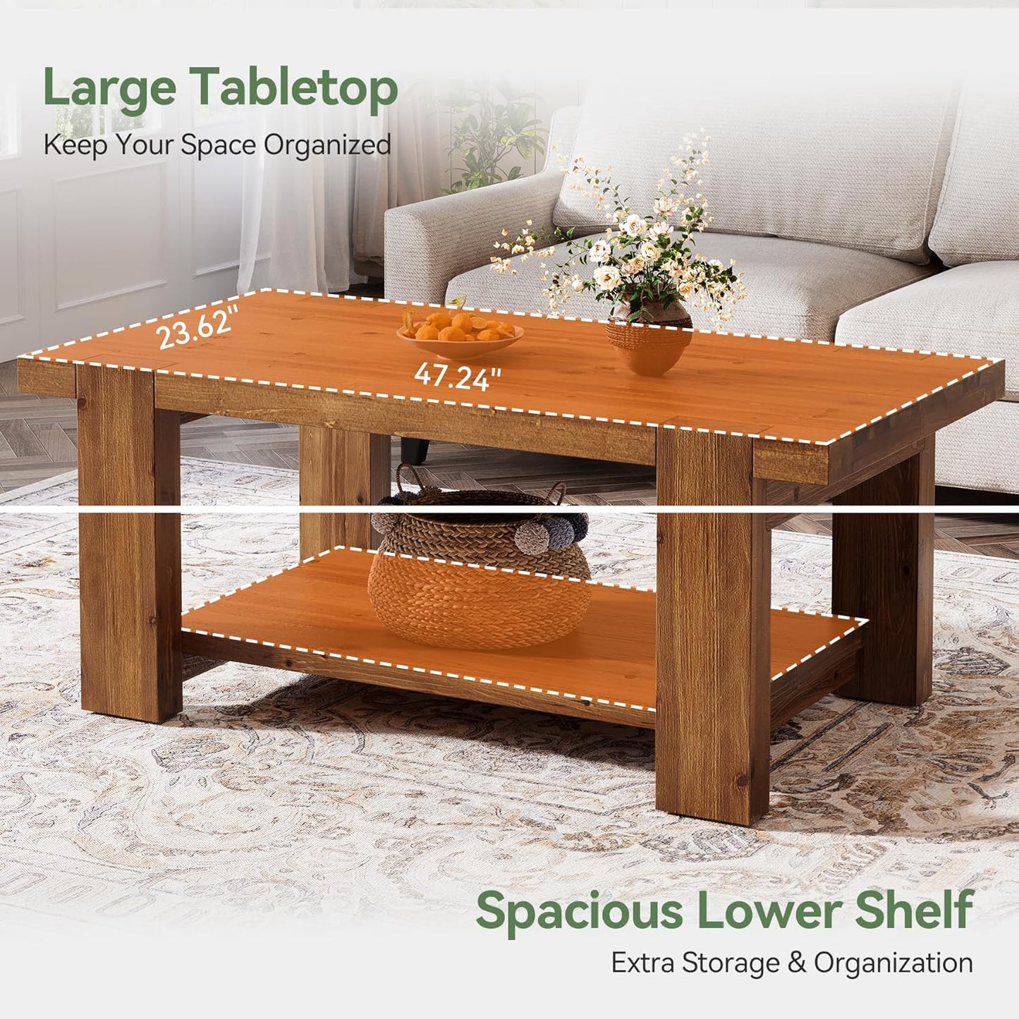 Solid Wood Coffee Table with 2-Tier Storage Shelf, 47.2" Farmhouse Rectangle Center Table Furniture for Living Room, Apartment, Office, Rustic Brown