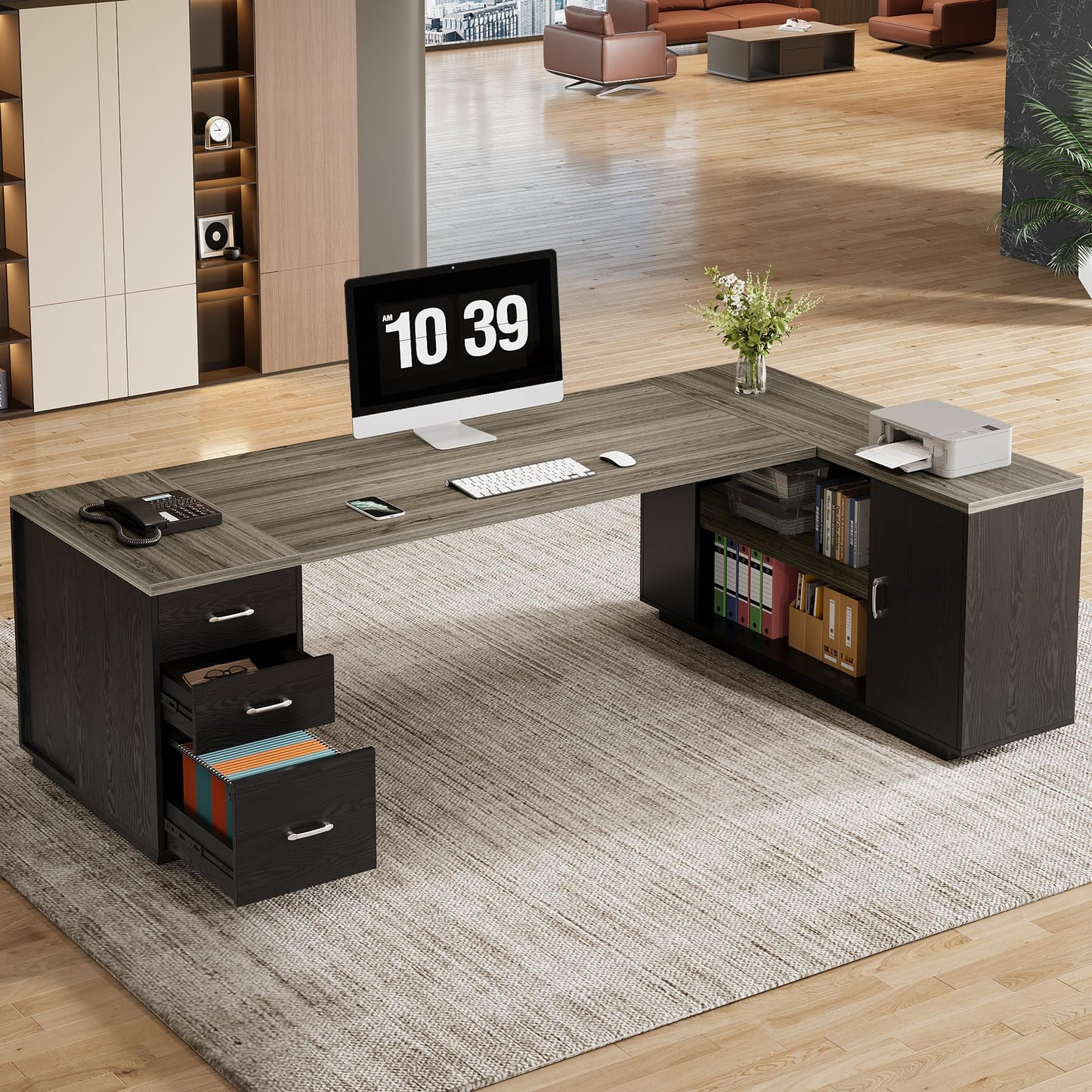 Tribesigns 85.8-Inch L-Shaped Executive Desk with File Drawers, Door Cabinet & Shelves, Extra Large Commercial Office Desk, Modern Professional Office Table, Business Furniture, Warm Brown & Black