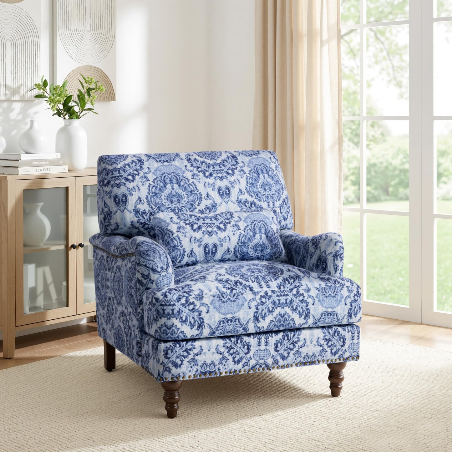 Accent Chair for Living Room, Upholstered Armchair with Nailhead Trim & Solid Wood Legs, Mid Century Modern Club Chair for Bedroom/Reading Room, Rococo Green