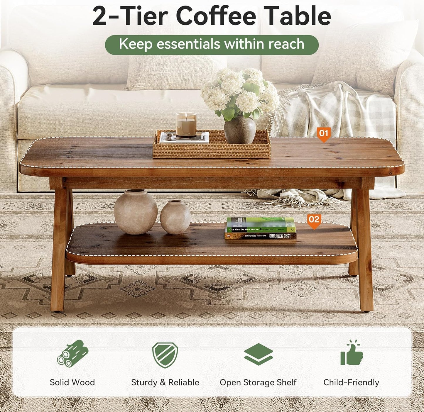 Solid Wood 2-Tier Coffee Table with Storage Shelf, 47" Brown Farmhouse Center Table for Living Room