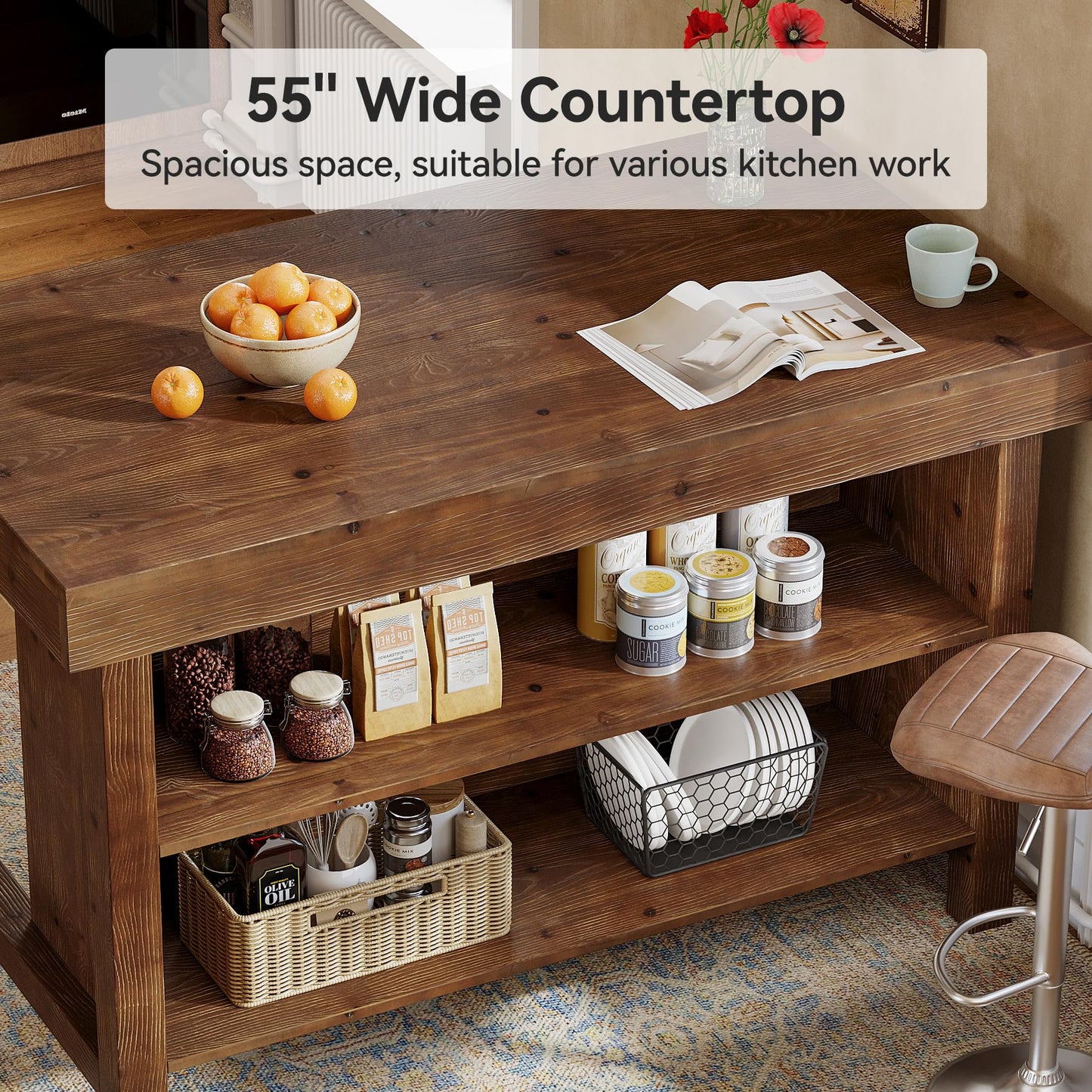 Solid Wood Large Kitchen Island, 3-Tier 55 Inch Stationary Center Island Table with Open Storage Shelves, Farmhouse Counter Height Coffee Bar for Kitchen, Dining Room, Living Room, Brown