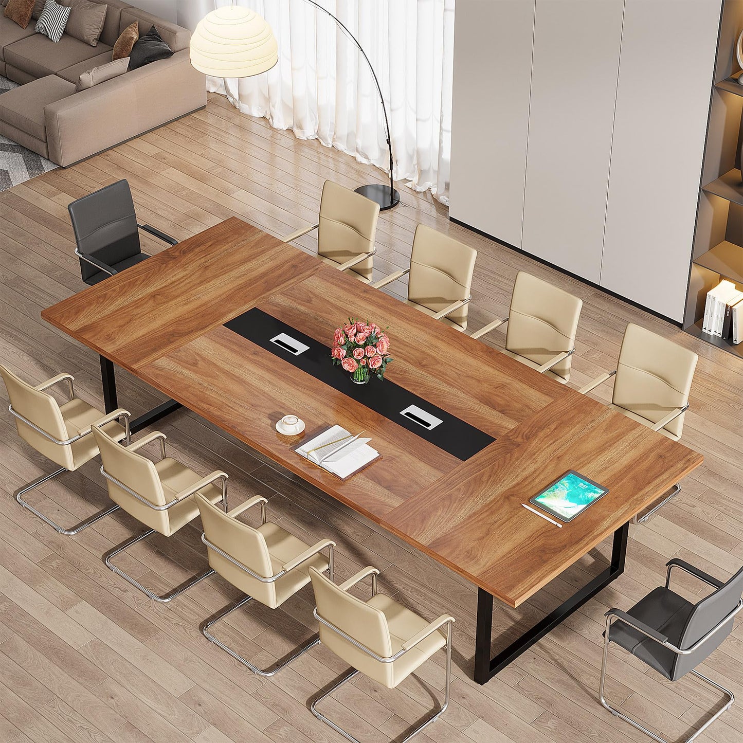 Tribesigns 8FT Conference Table, 94.49 L x 47.24 W x 29.53 H Inches Large Meeting Podcast Table for 10 People, Business Style Wooden Training Table with Strong Metal Frame for Office Conference