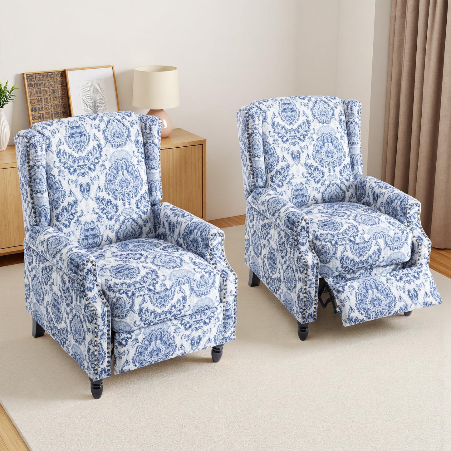 Pushback Recliner Chair, Printed Fabric Wingback Recliner Chair for Living Room, Upholstered Armchair Push Back Recliner with Wood Legs, Rivet Trim Wingback Accent Chair for Bedroom, Navy