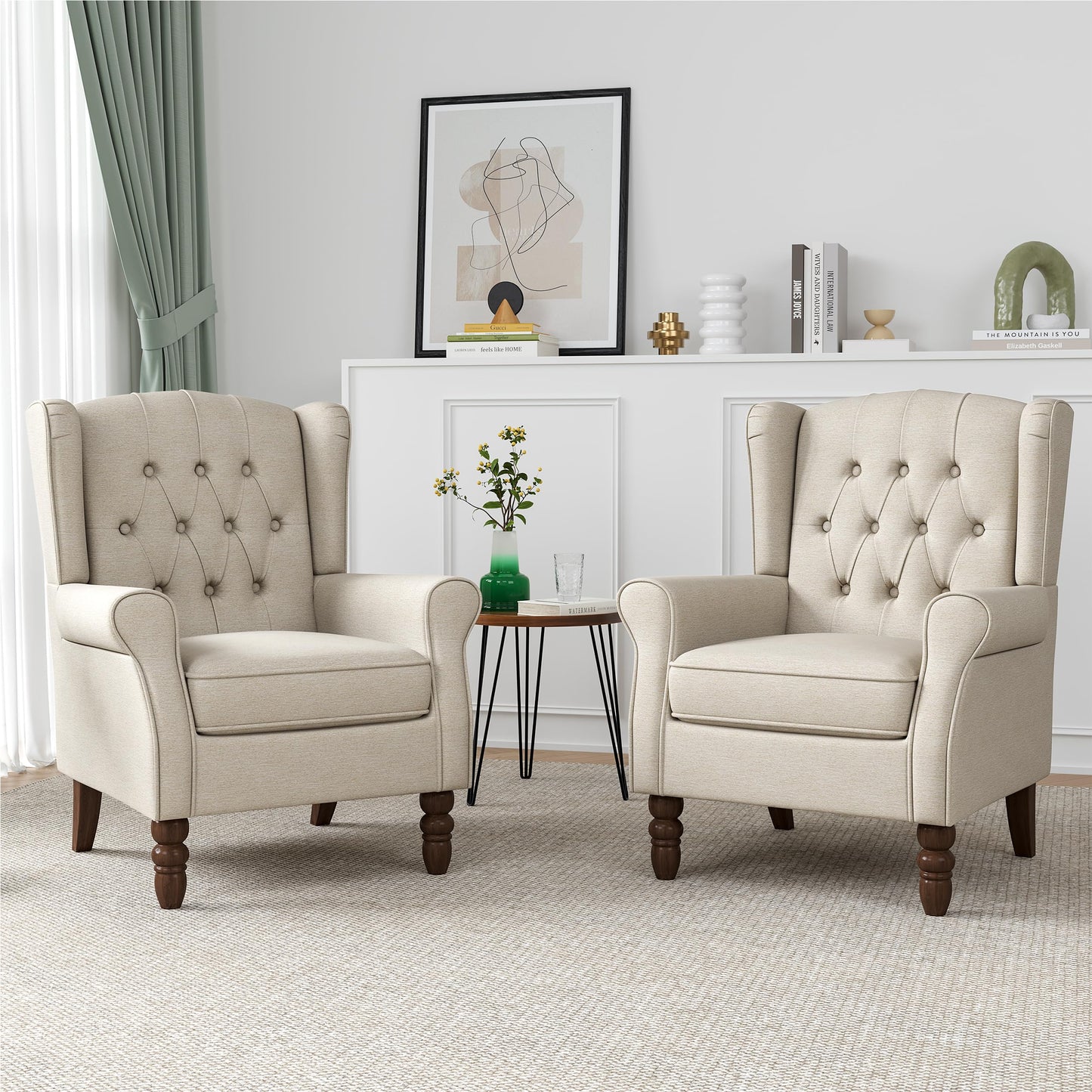 Faux Leather Wingback Chairs Set of 2, High Back Accent Chair for Living Room, Button-Tufted Upholstered Armchair with Solid Wood Legs, Comfy Reading Chair for Bedroom, Brown