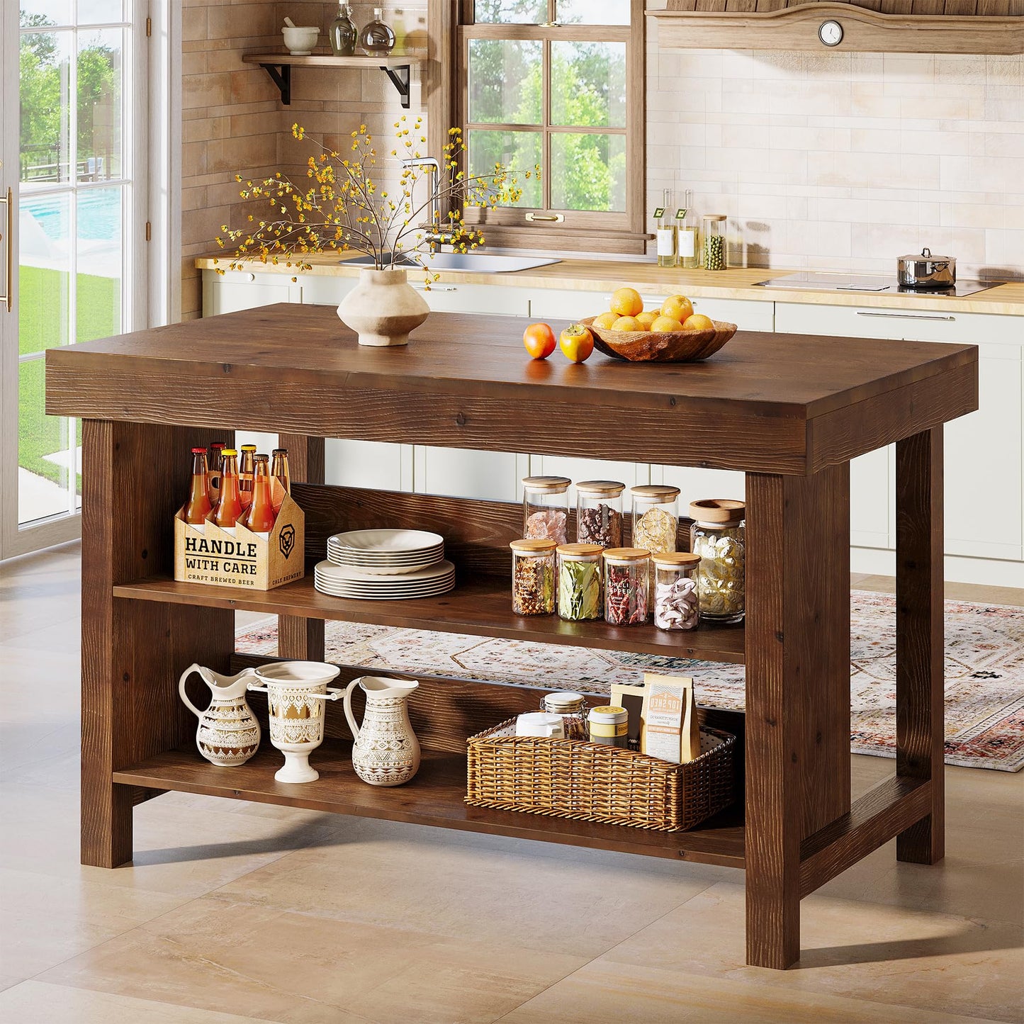 Solid Wood Large Kitchen Island, 3-Tier 55 Inch Stationary Center Island Table with Open Storage Shelves, Farmhouse Counter Height Coffee Bar for Kitchen, Dining Room, Living Room, Brown