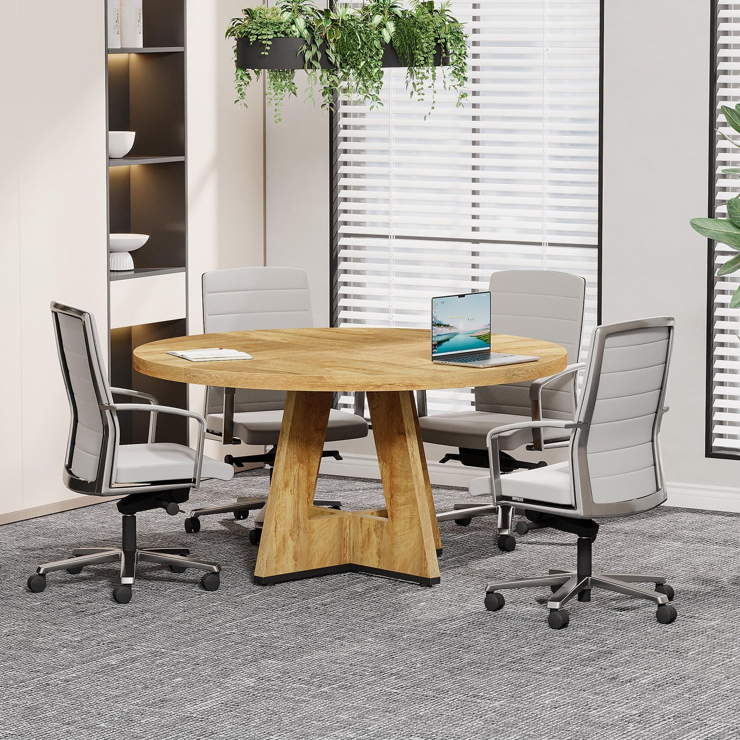 Tribesigns 47-Inch Round Conference Table for 4-6 People, Wooden Meeting Room Table with Thicken Tabletop and Wood Base (Grey)