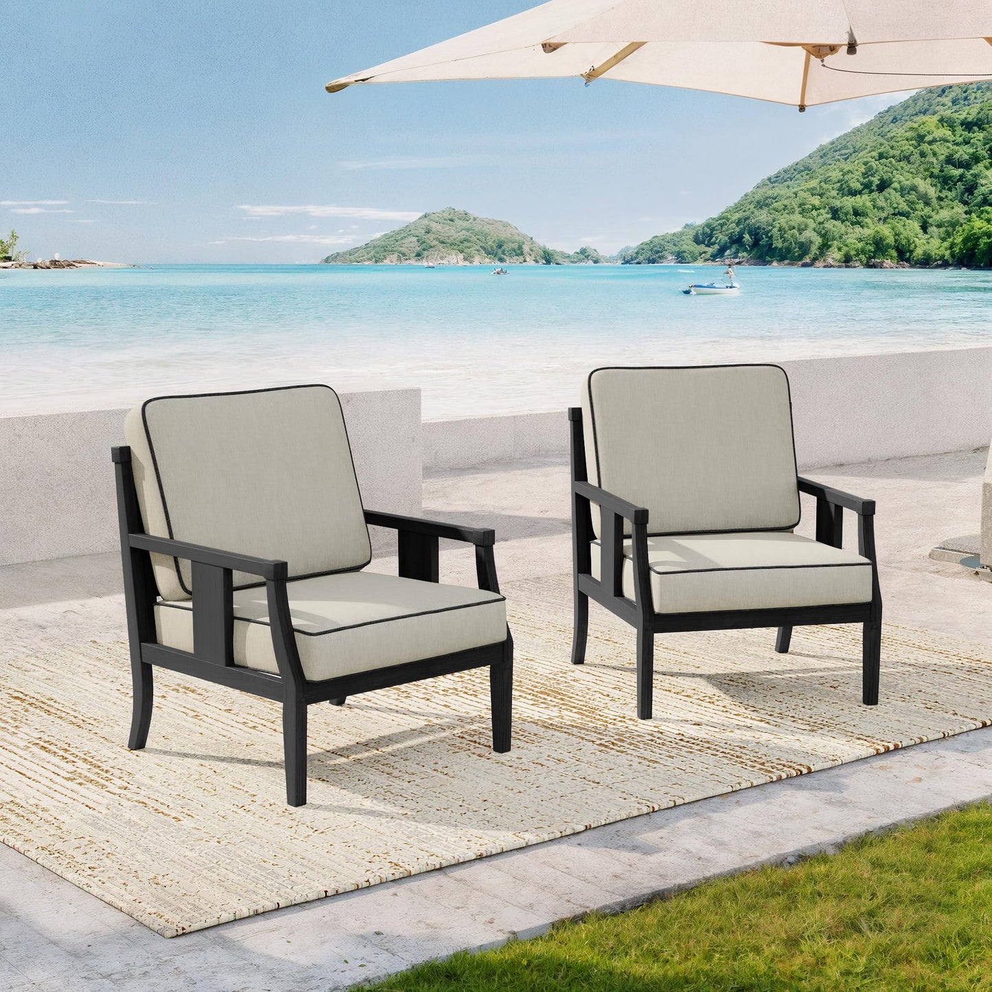 Outdoor Patio Armchairs Set of 2, All-Weather Solid Wood Patio Furniture Sets, Outdoor Sofa Chairs with Washable Thick Cushions for Porch, Balcony, Deck, Black Frame & Gray Cushion
