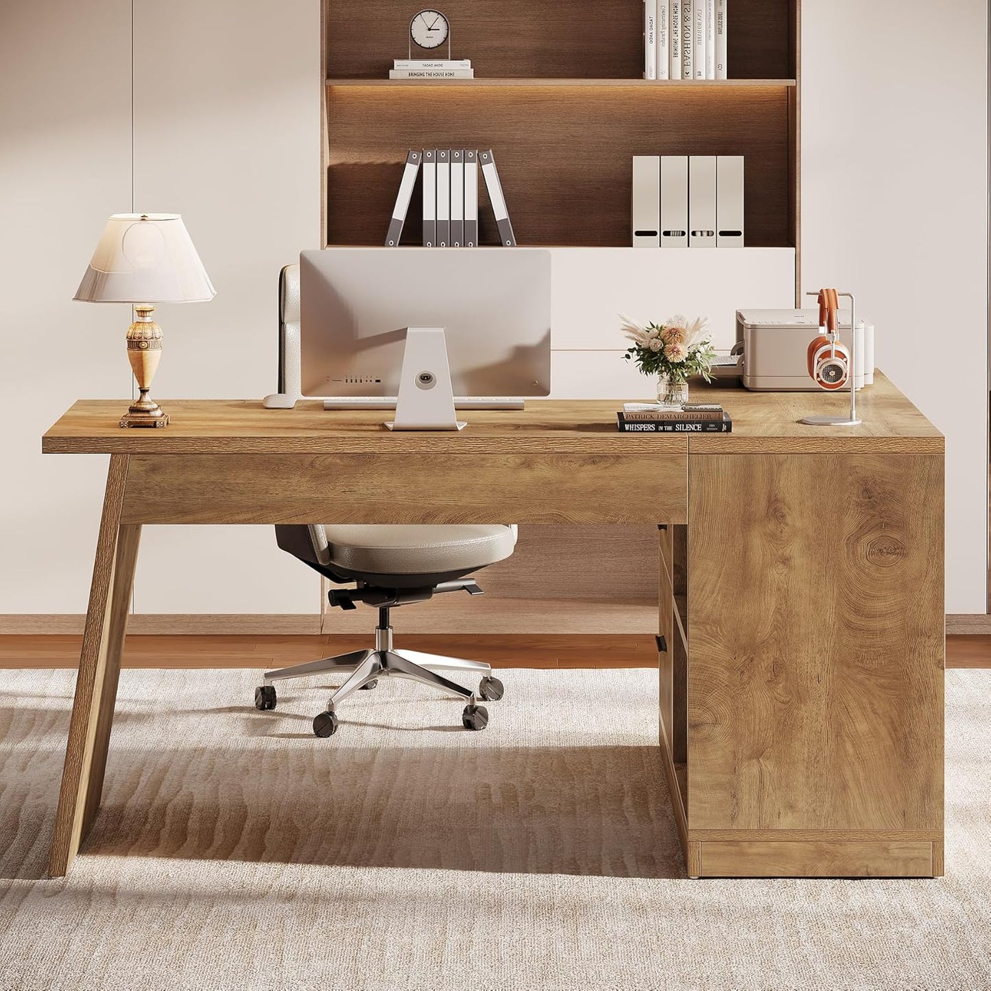 Tribesigns 55-Inch L Shaped Computer Desk with 3 Drawers, Corner Home Office Desk with Storage Shelves, Farmhouse Wood Executive Desk for Work Writing Sturdy, Gaming, Brown