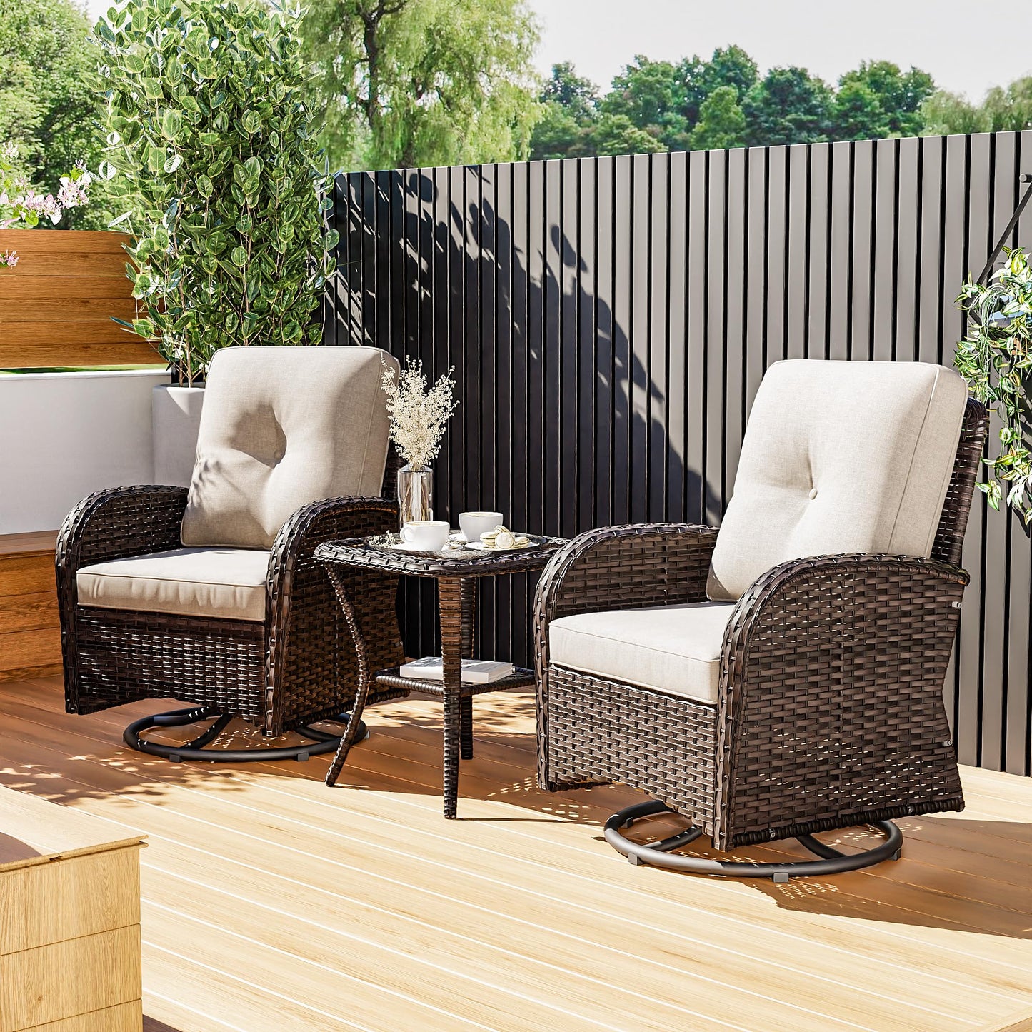 Joyside Patio Swivel Rocker Wicker Chairs - Outdoor Swivel Rocking Chairs Set of 2 with Wicker Side Table, Patio Swivel Rocker Chair 3 Piece Patio Furniture Sets for Porch Deck(Brown/Blue)