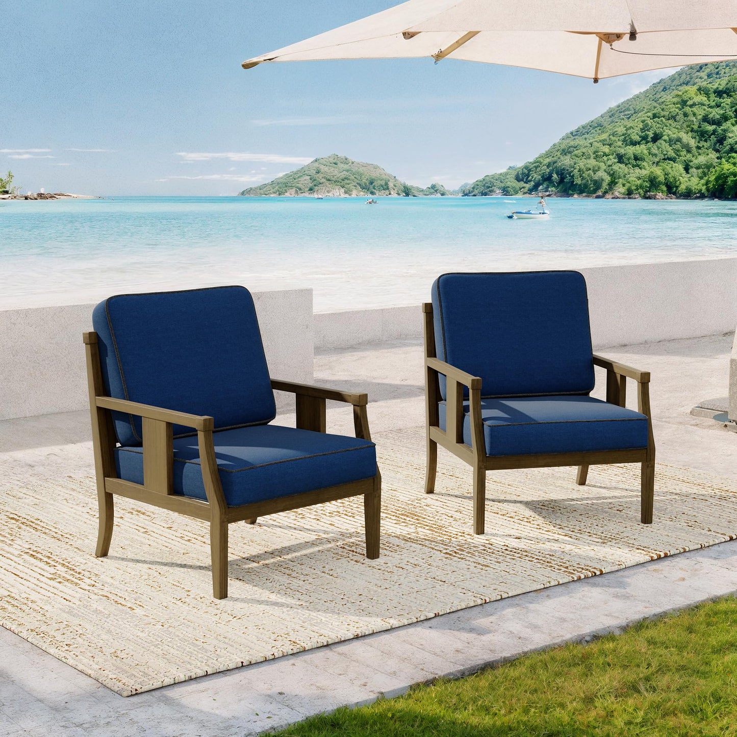 Outdoor Patio Armchairs Set of 2, All-Weather Solid Wood Patio Furniture Sets, Outdoor Sofa Chairs with Washable Thick Cushions for Porch, Balcony, Deck, Black Frame & Gray Cushion