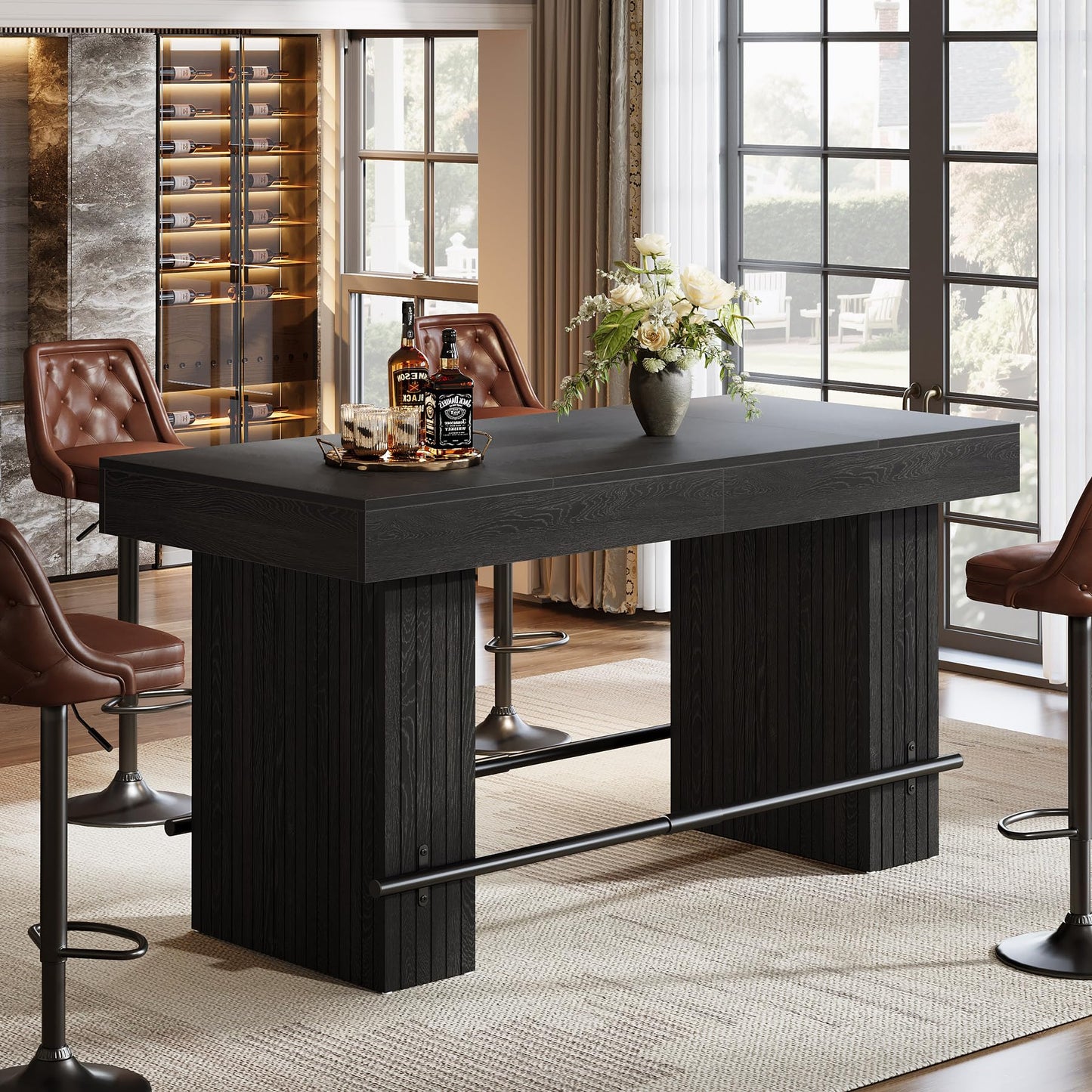 Tribesigns 62.2 Inch Bar Table, Industrial Counter Height Pub Dining Table, Rectangular Home Bar Units with Metal Footrest for Home Kitchen, Dining Room, Bistro, Brown and Dark Grey